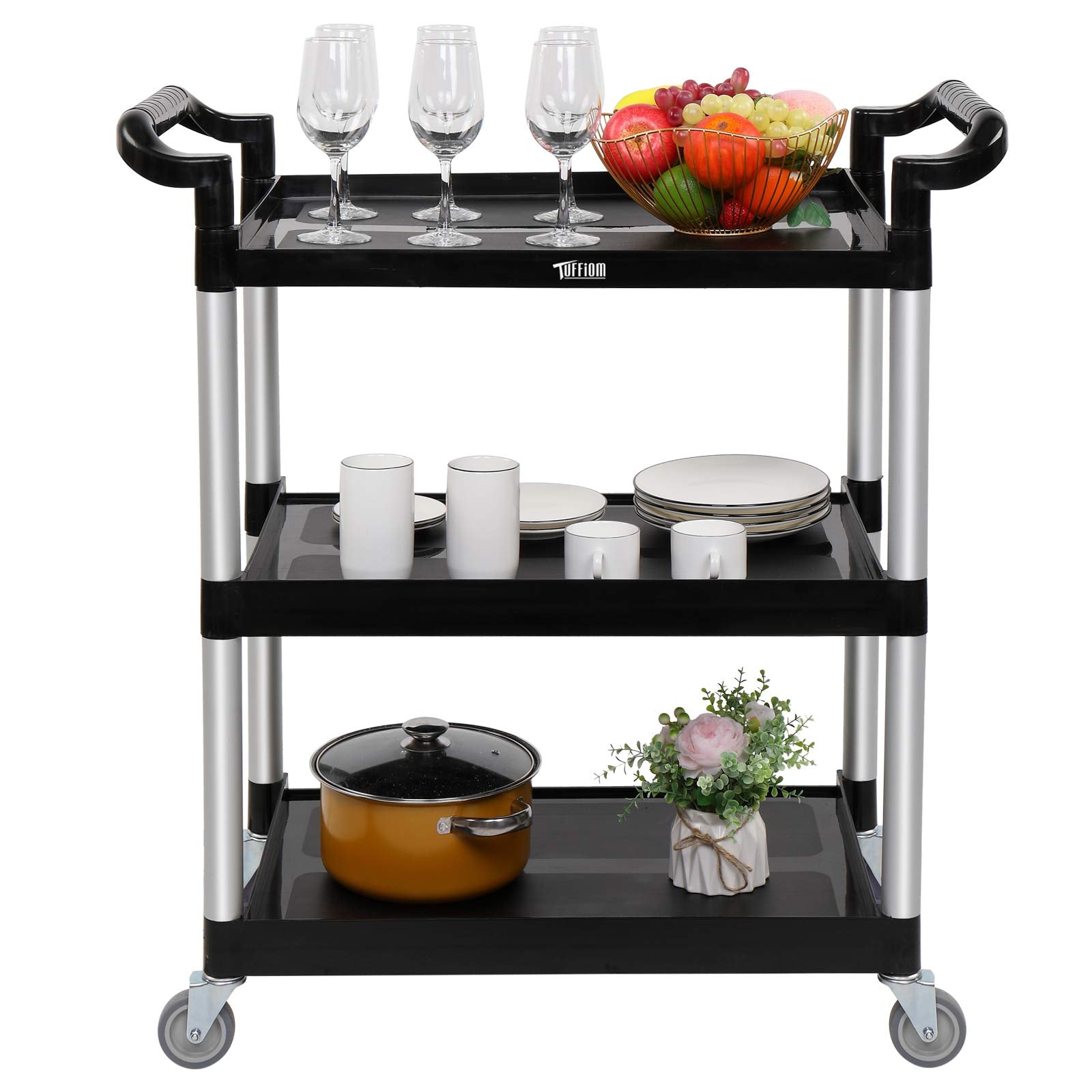 3-Tier Small 330lbs Capacity Shelf Plastic Utility Cart with Wheels Black