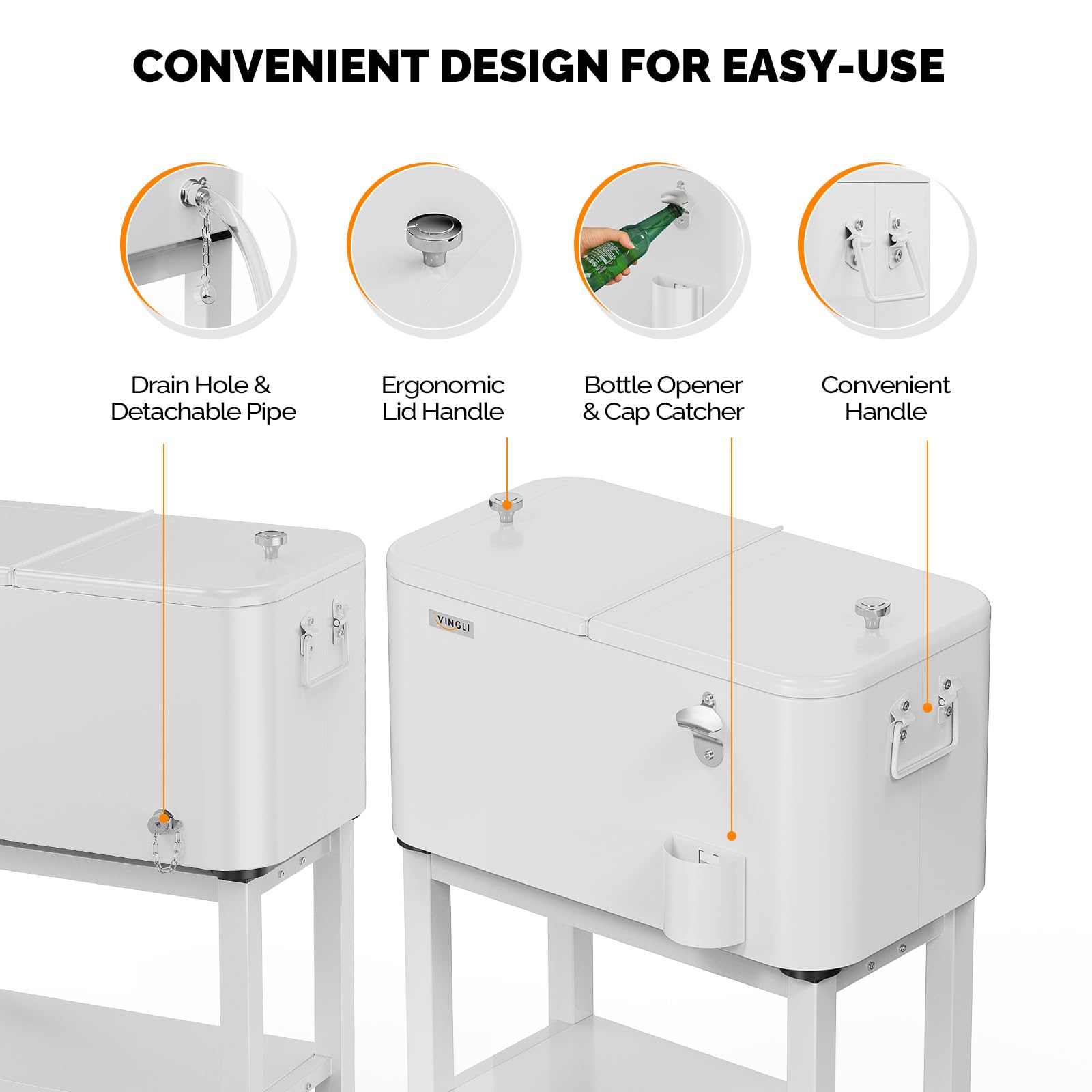 60 Quart Portable Patio Rooling Cooler Cart Detachable White