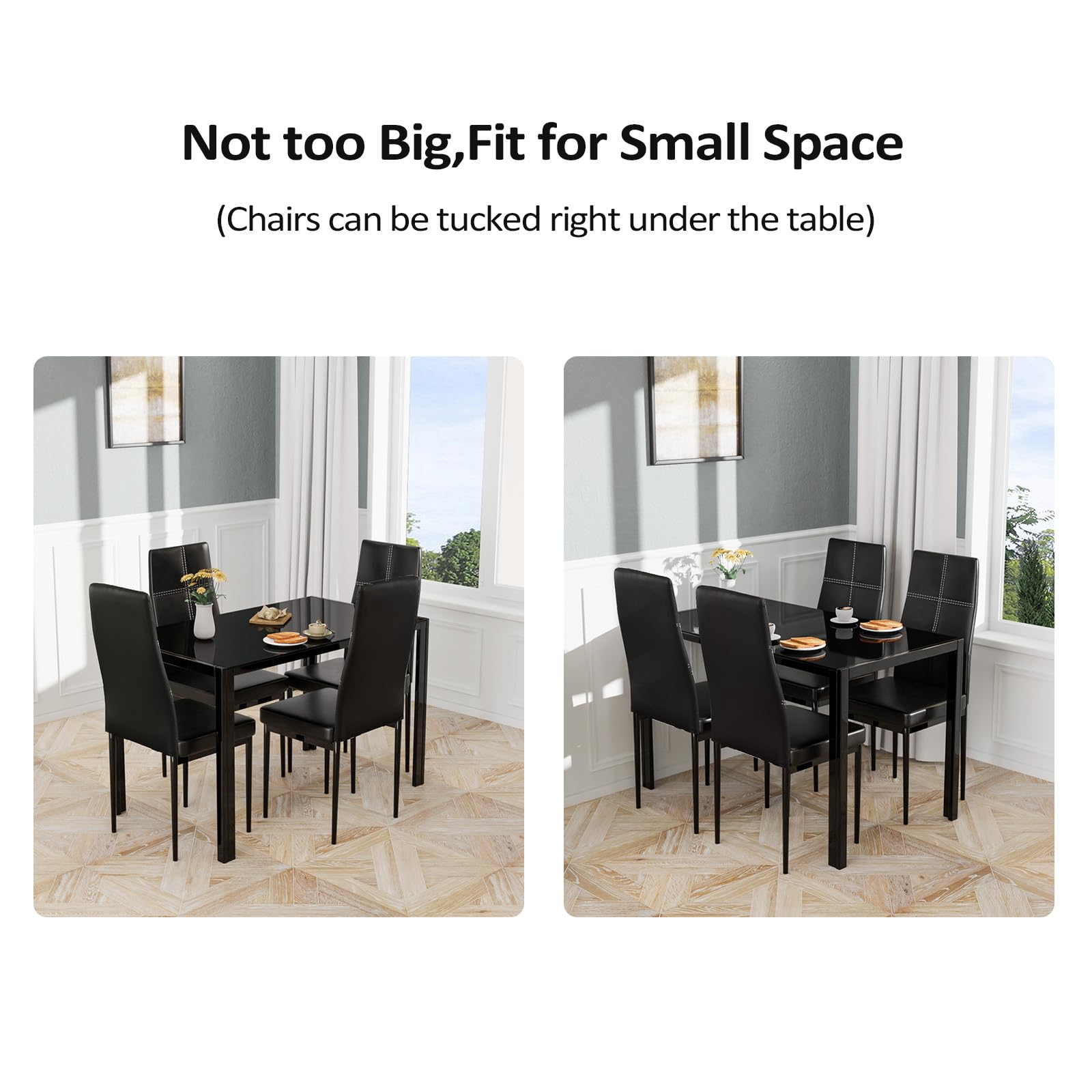 5 Piece Dining Set Glass Table and 4 PU Leather Chairs Black