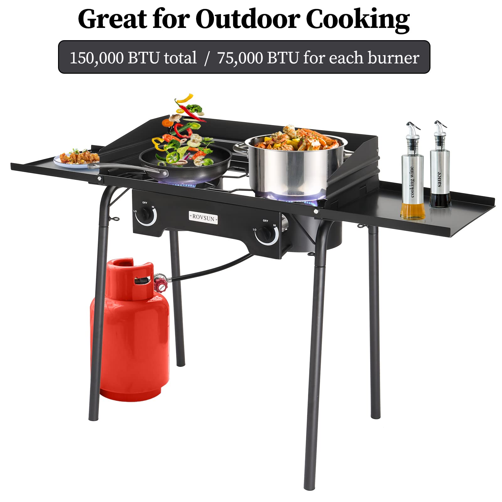 ROVSUN 2 Burner 150,000 BTU Outdoor Propane Stove with Windpanel & Side  Shelves & Carrying Bag