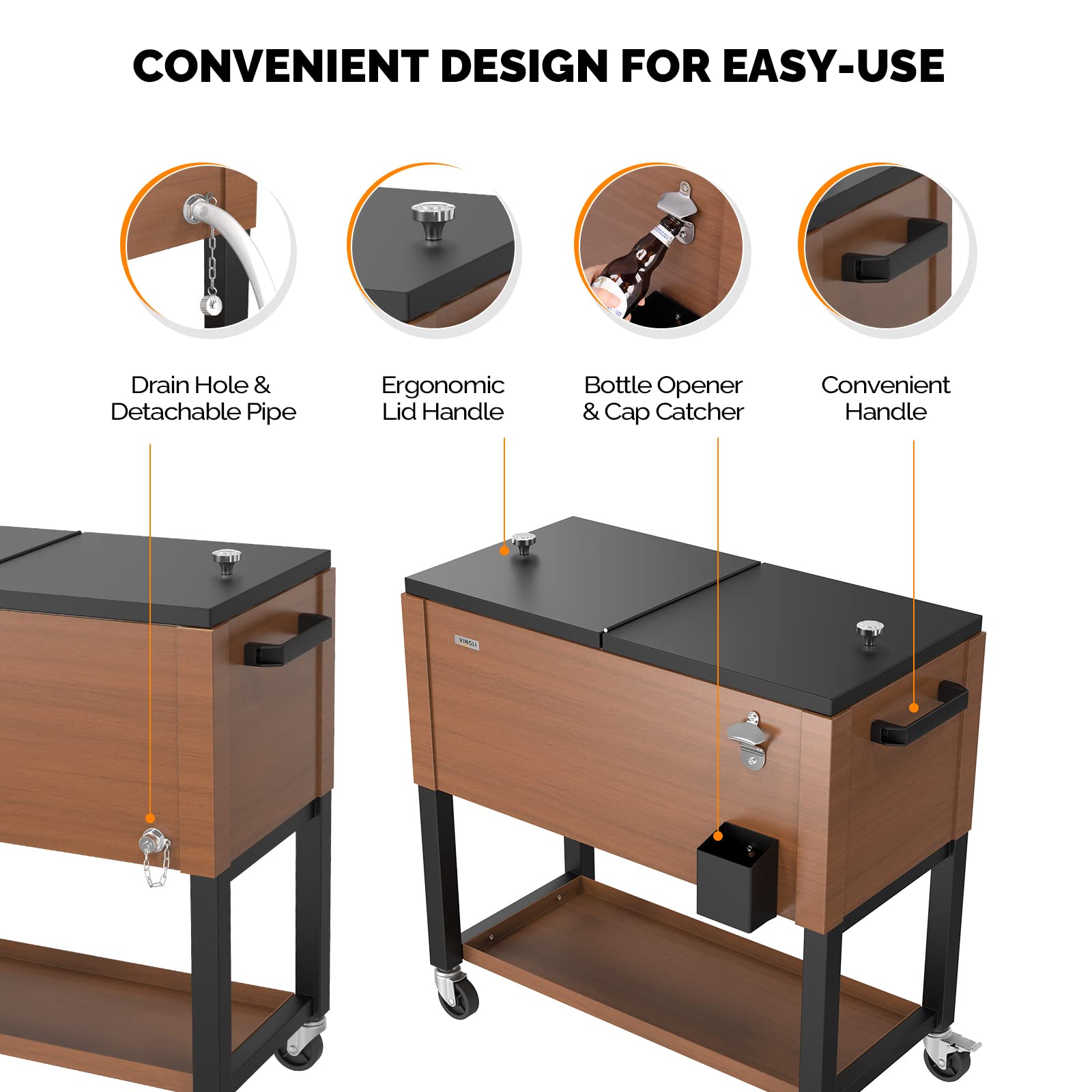 80 Quart Portable Outdoor Patio Rooling Cooler Cart Brown