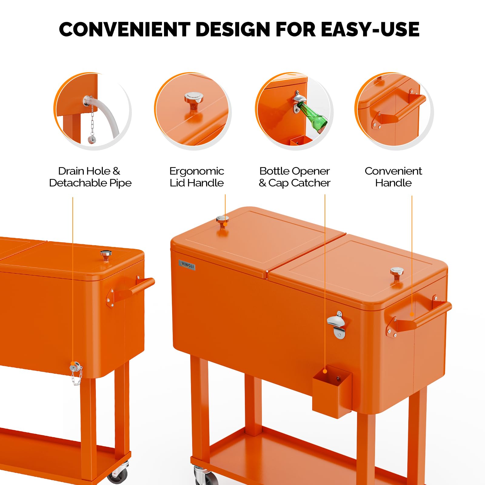 80 Quart Portable Outdoor Patio Rooling Cooler Cart Orange