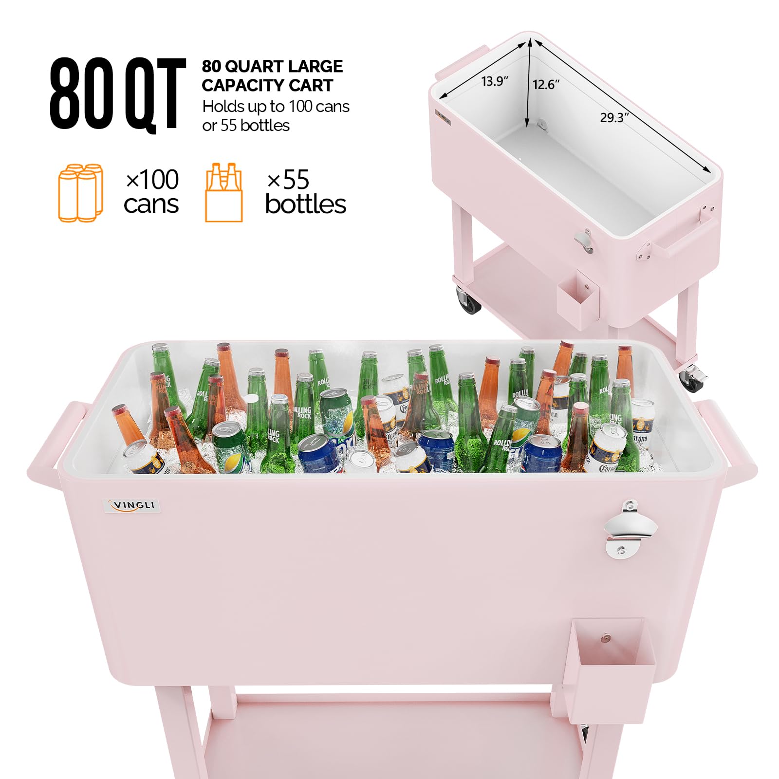 80 Quart Portable Outdoor Patio Rooling Cooler Cart Pink