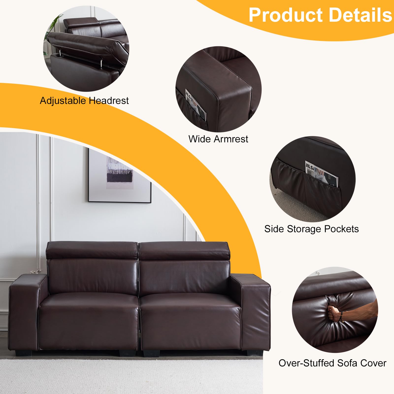 83 Inch 2 Seater Waiting Sofa with Adjustable Headrest PU Leather Brown