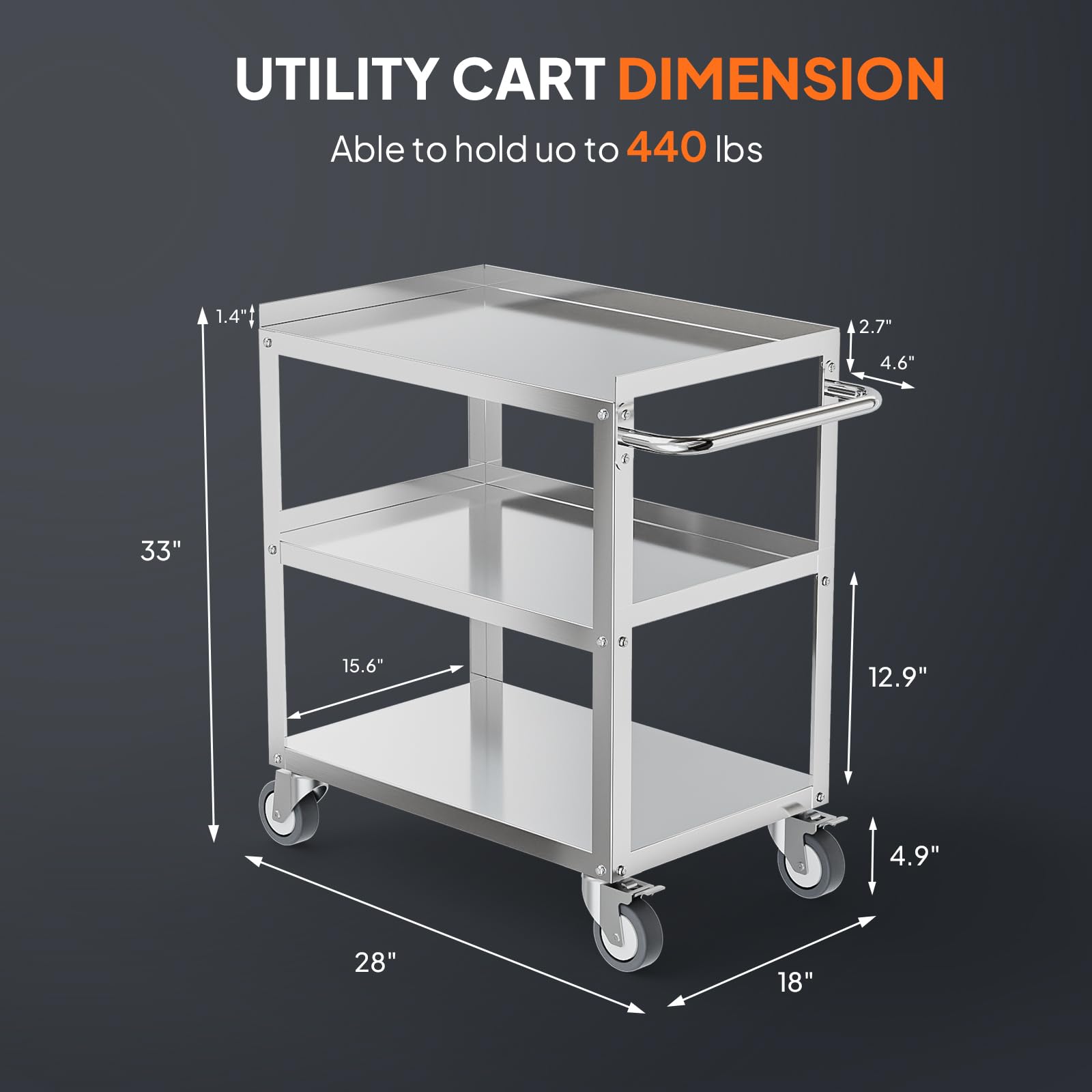 3-Tier 28" x 18" 440 lb. Capacity Stainless Steel Utility Cart