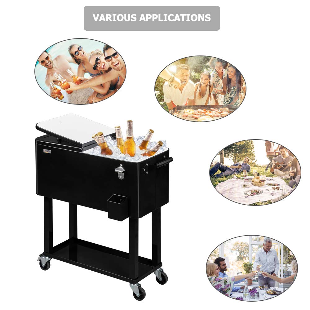 80 Quart Portable Outdoor Patio Rooling Cooler Cart Black