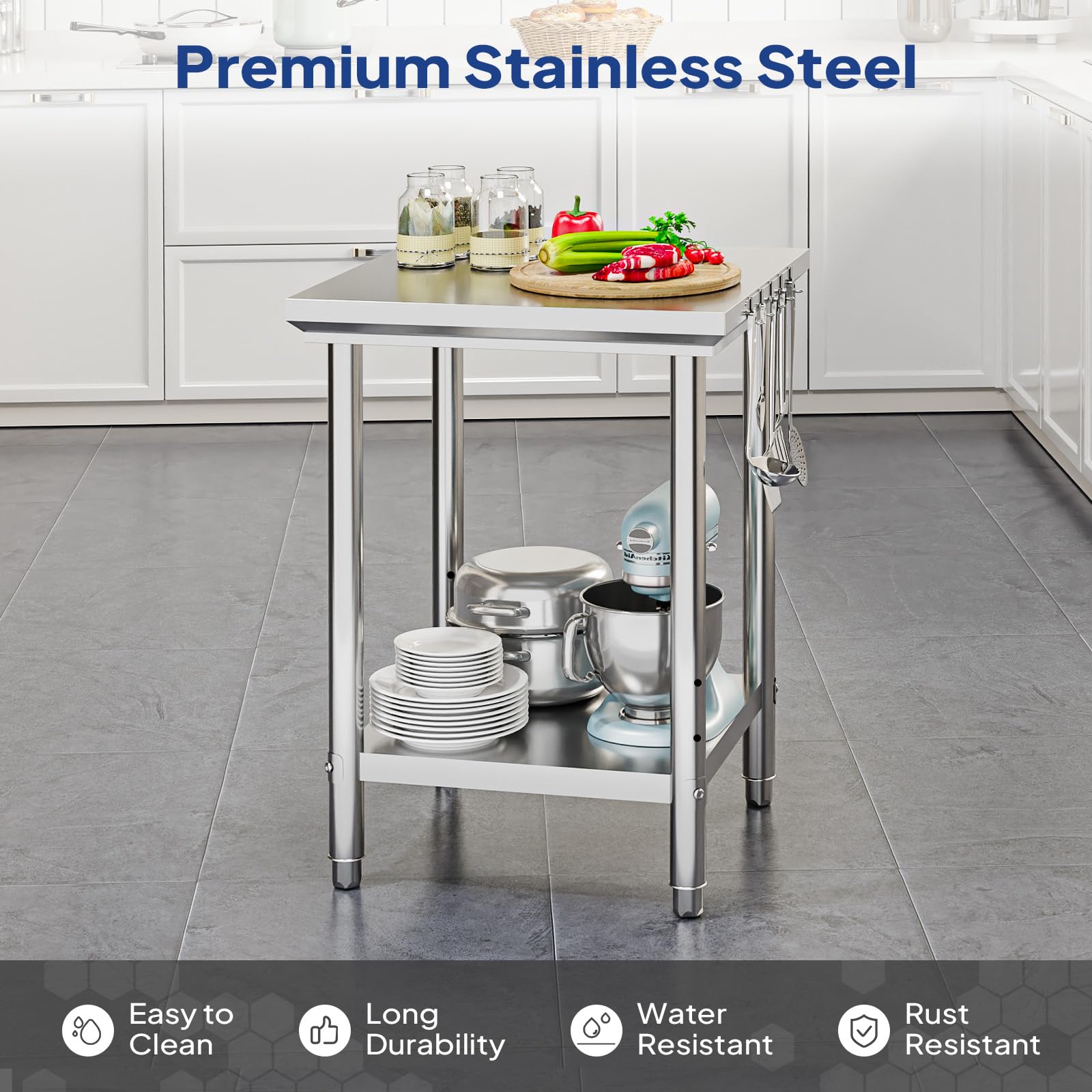 ROVSUN 24" x 24" Stainless Steel Table with Hooks & Undershelf