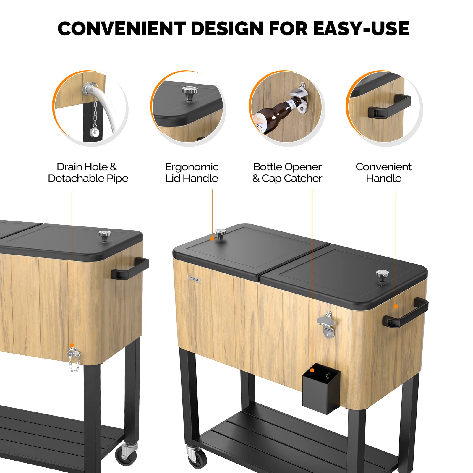 80 Quart Portable Outdoor Patio Rooling Cooler Cart Light Oak