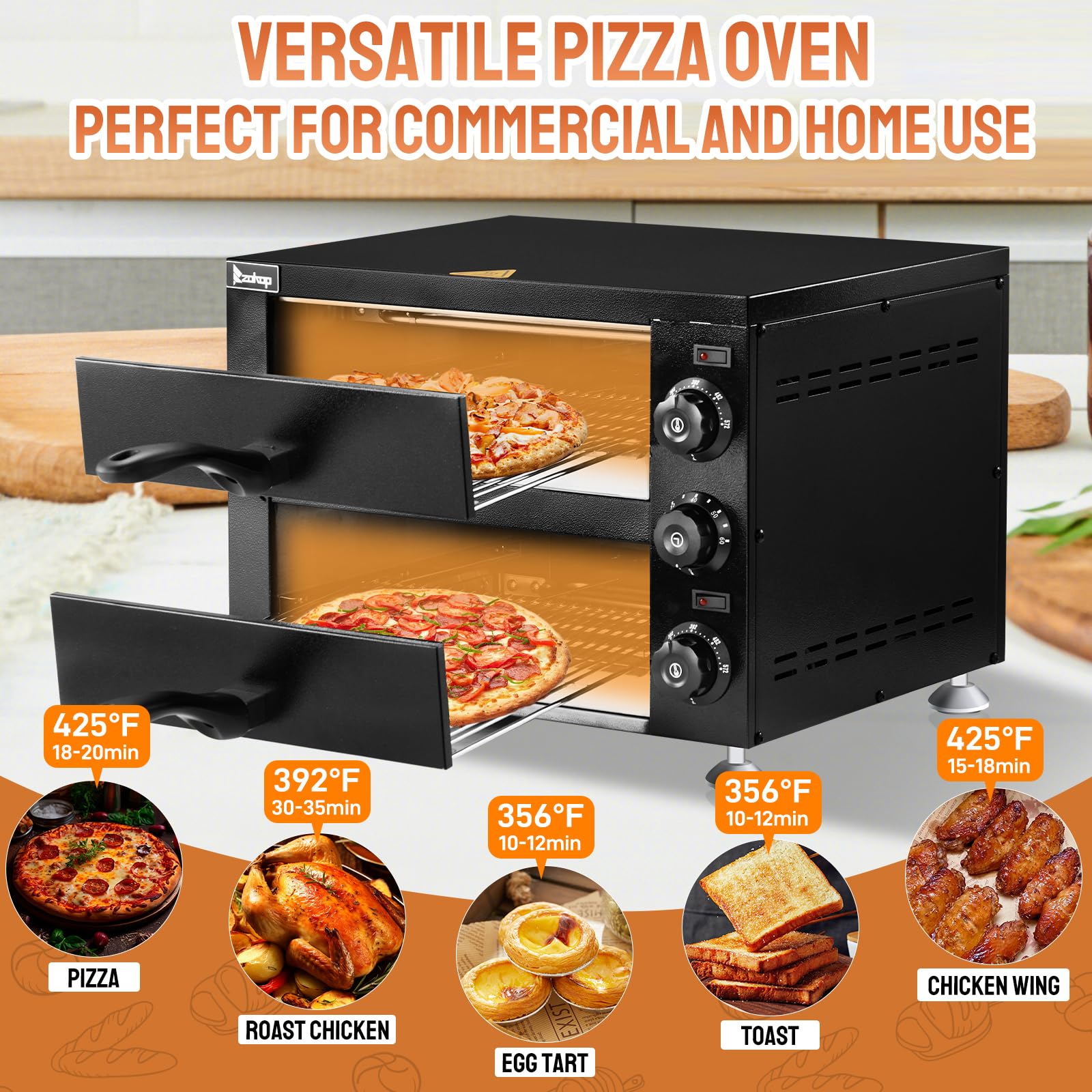 17.9" 2200W 110V Double Deck Pizza Oven Countertop Black