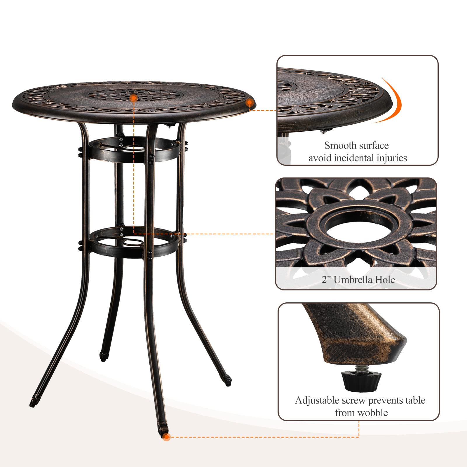 32 Inch Round Outdoor Bar Table with Umbrella Hole Bronze