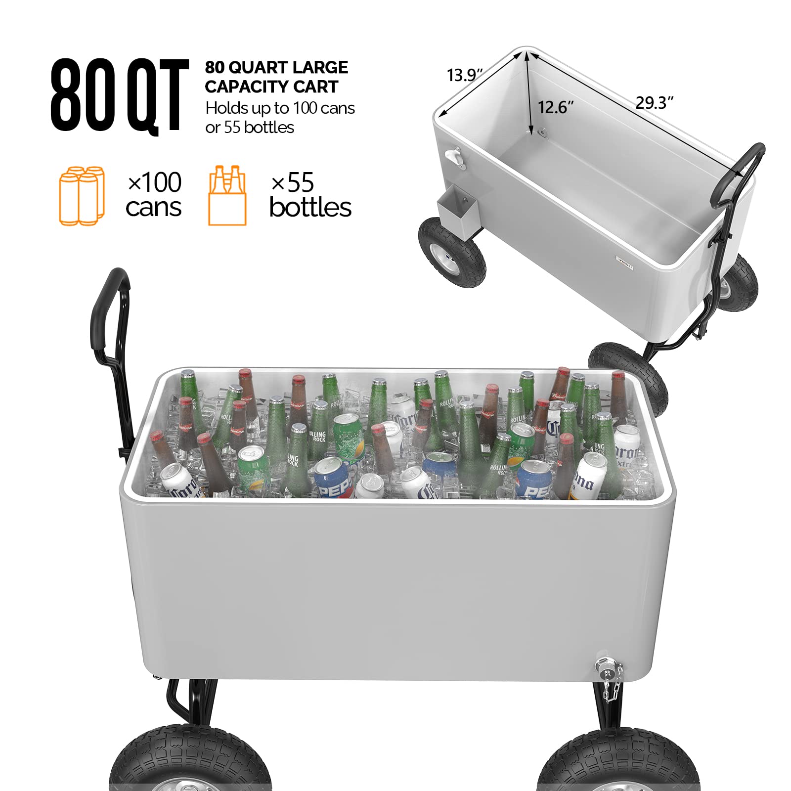 80 Quart Wagon Rolling Cooler Ice Chest with 10" Wheels Grey