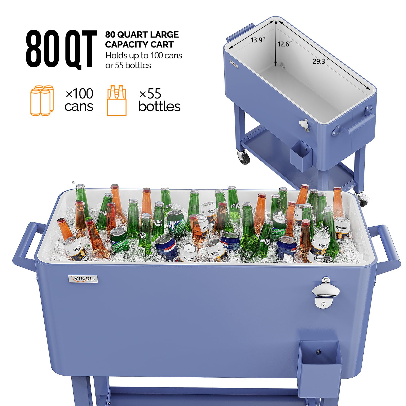 80 Quart Portable Outdoor Patio Rooling Cooler Cart Haze Blue