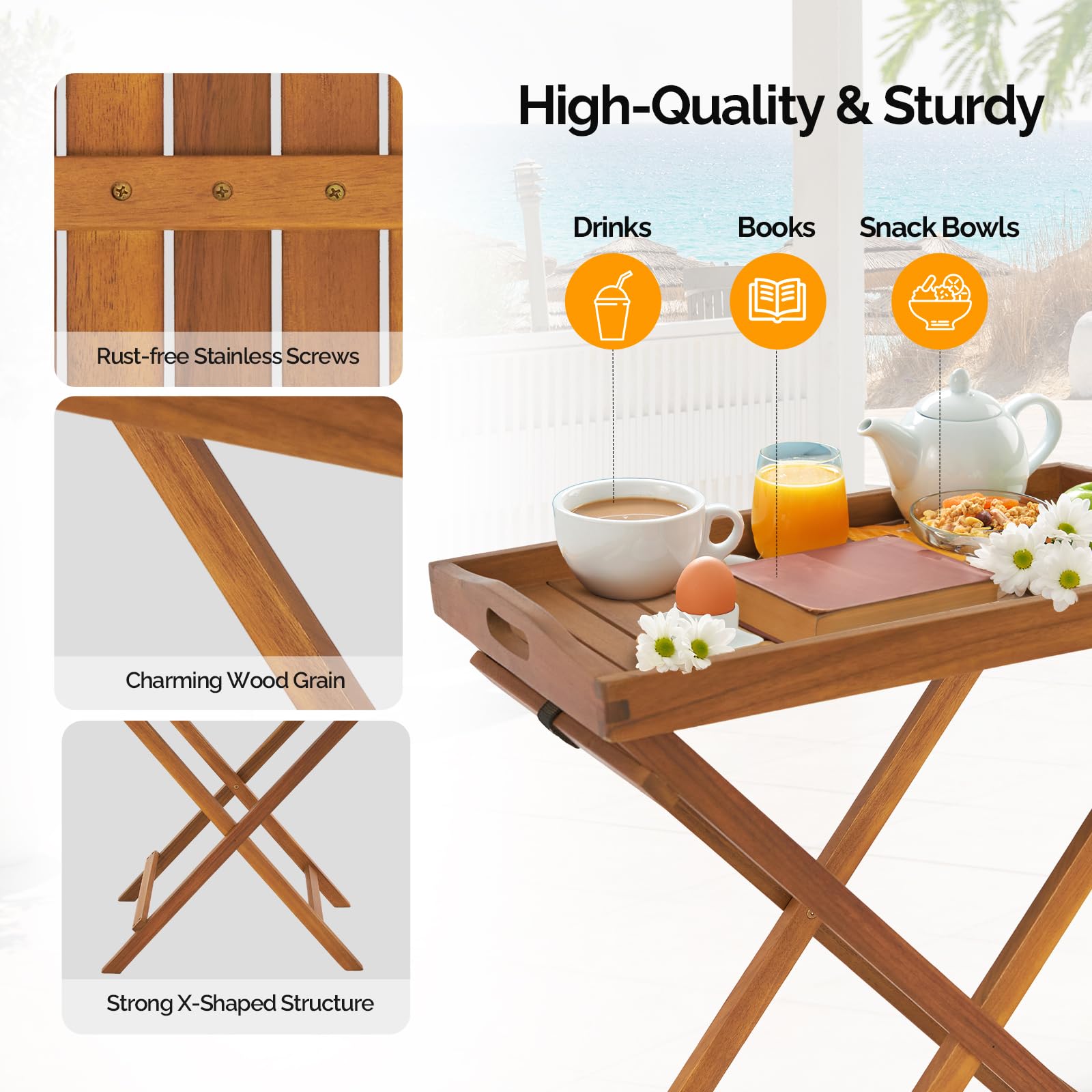 26 Inch FSC Acacia Wooden Folding Table with Removable Tray