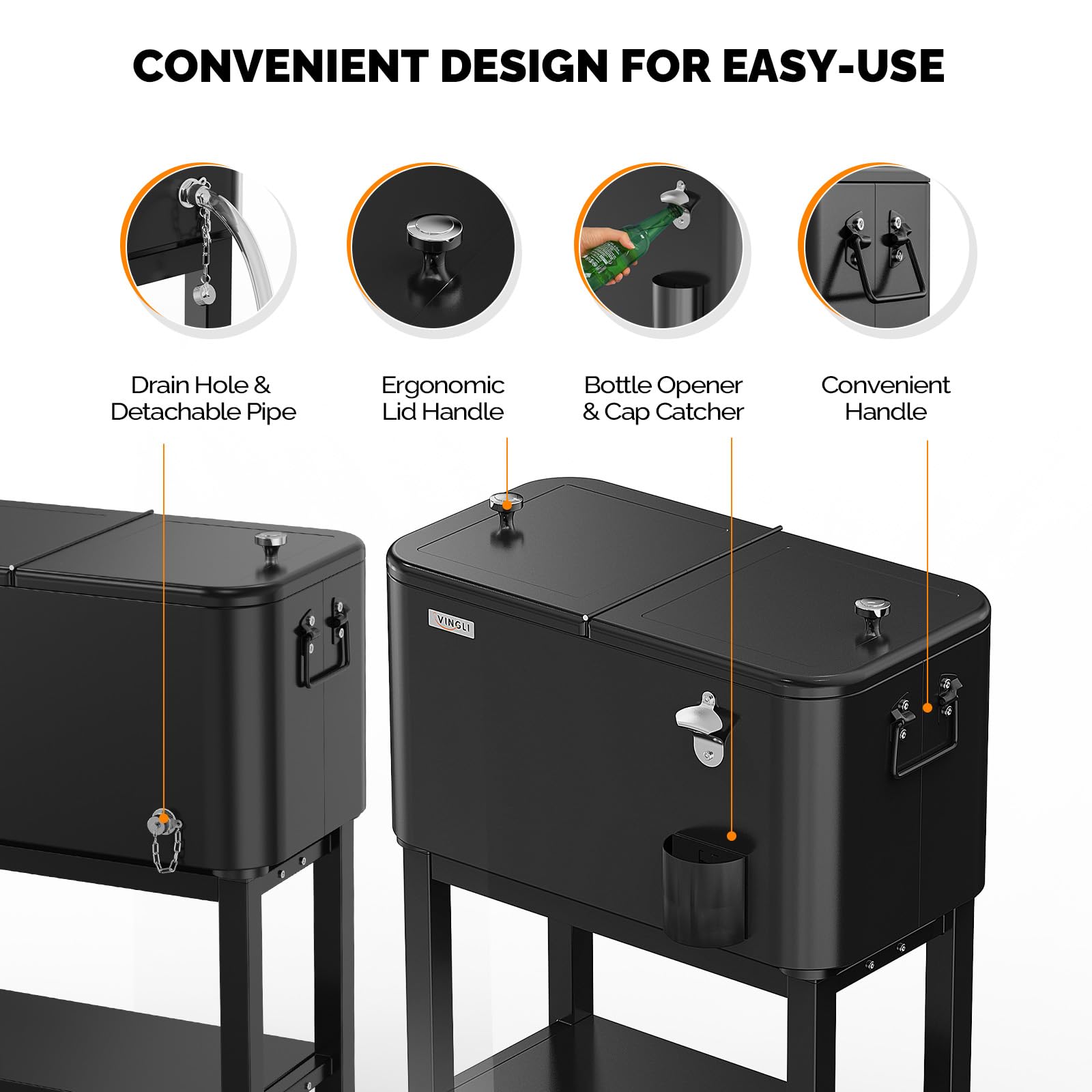 60 Quart Portable Patio Rooling Cooler Cart Detachable Black