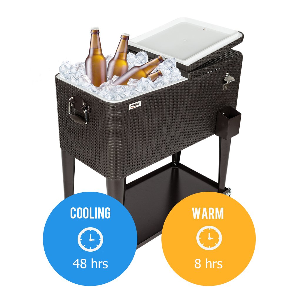 80 Quart Portable Outdoor Patio Rooling Cooler Cart Brown