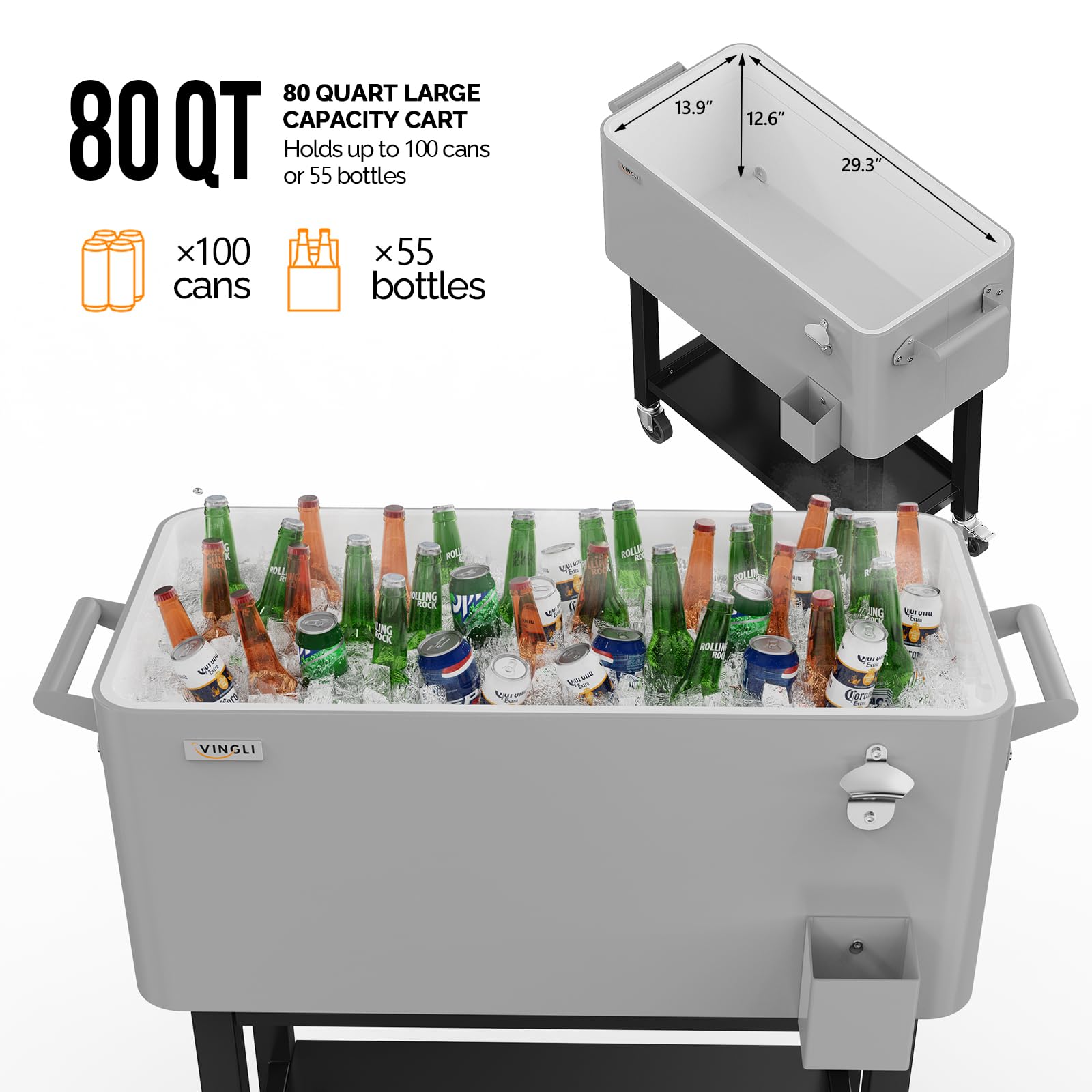 60 Quart Portable Patio Rooling Cooler Cart Detachable Grey