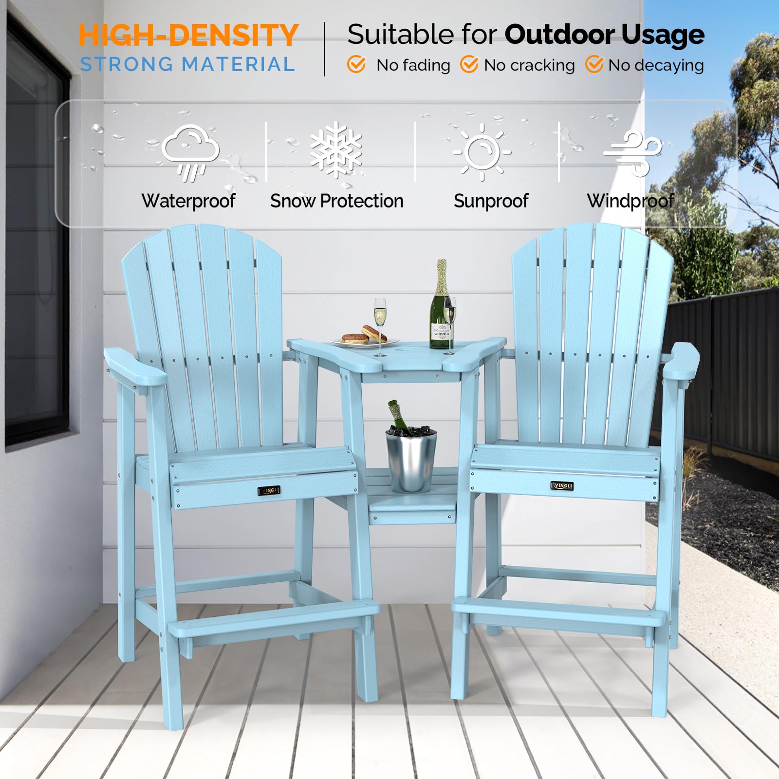 HDPE Adirondack Bar Stool Set with Detachable Tray Blue