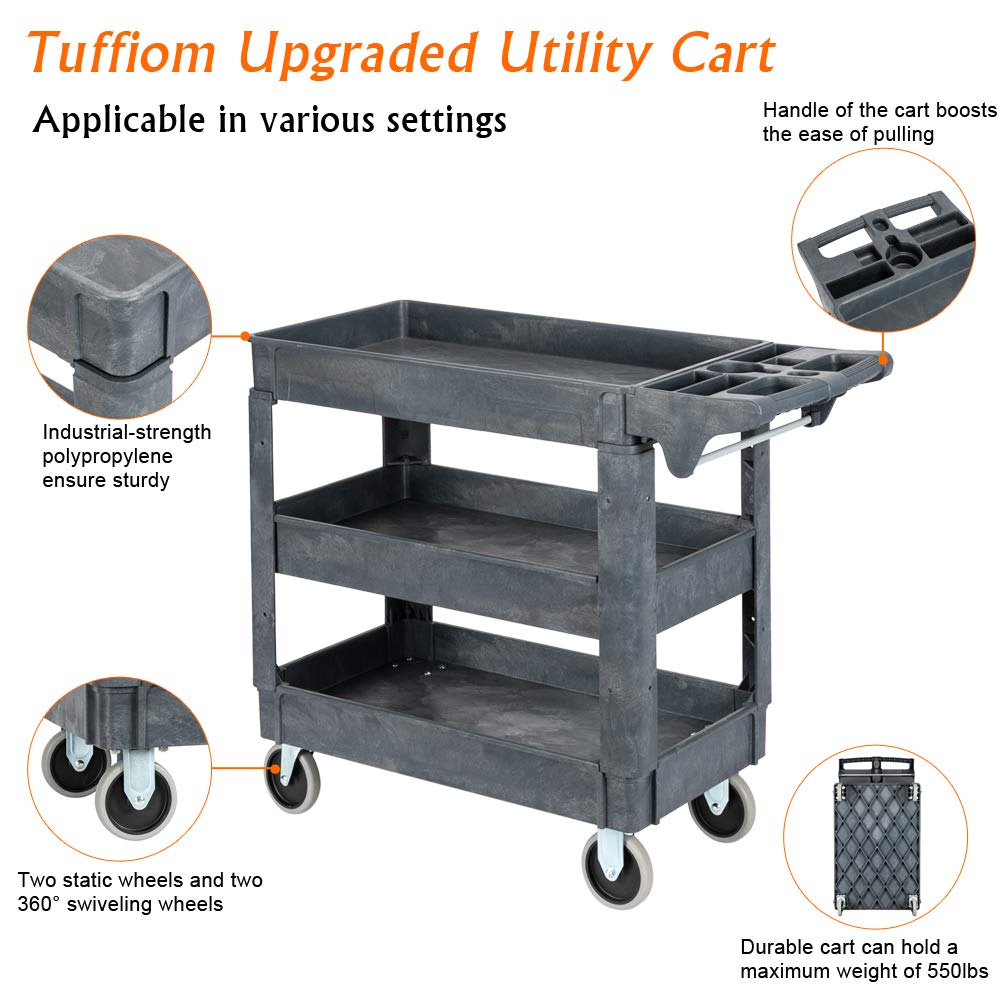 3-Tier Small 550lbs Capacity Shelf Plastic Utility Cart with Wheels Grey