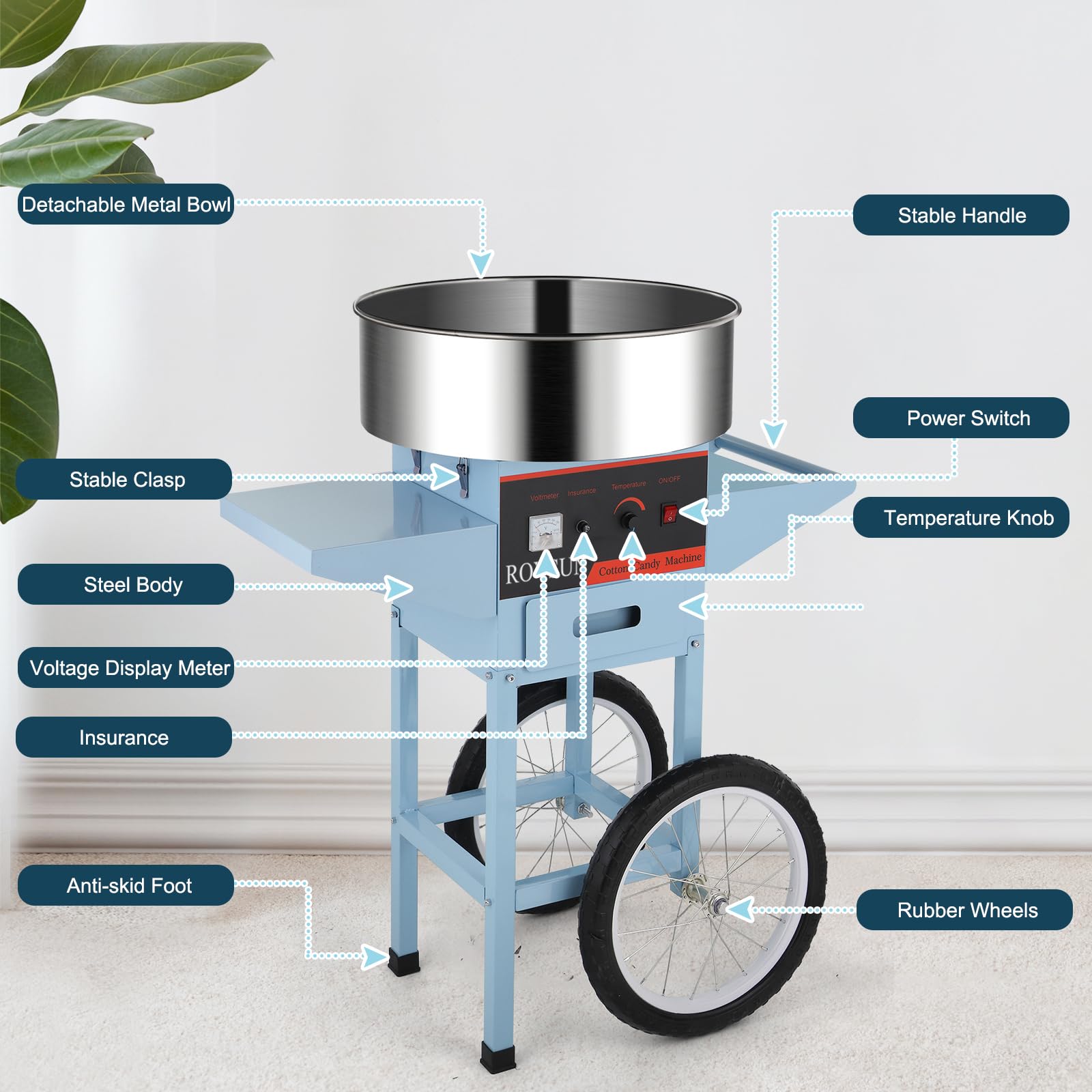 ROVSUN 21" 980W 110V Cotton Candy Machine Cart with Bowl Blue