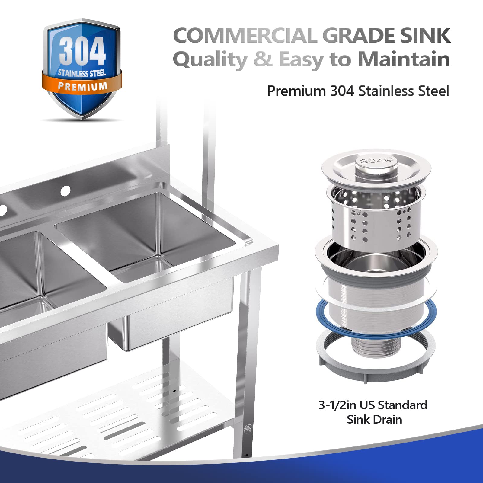 ROVSUN 36" 2 Compartment Stainless Steel Sink with Shelves