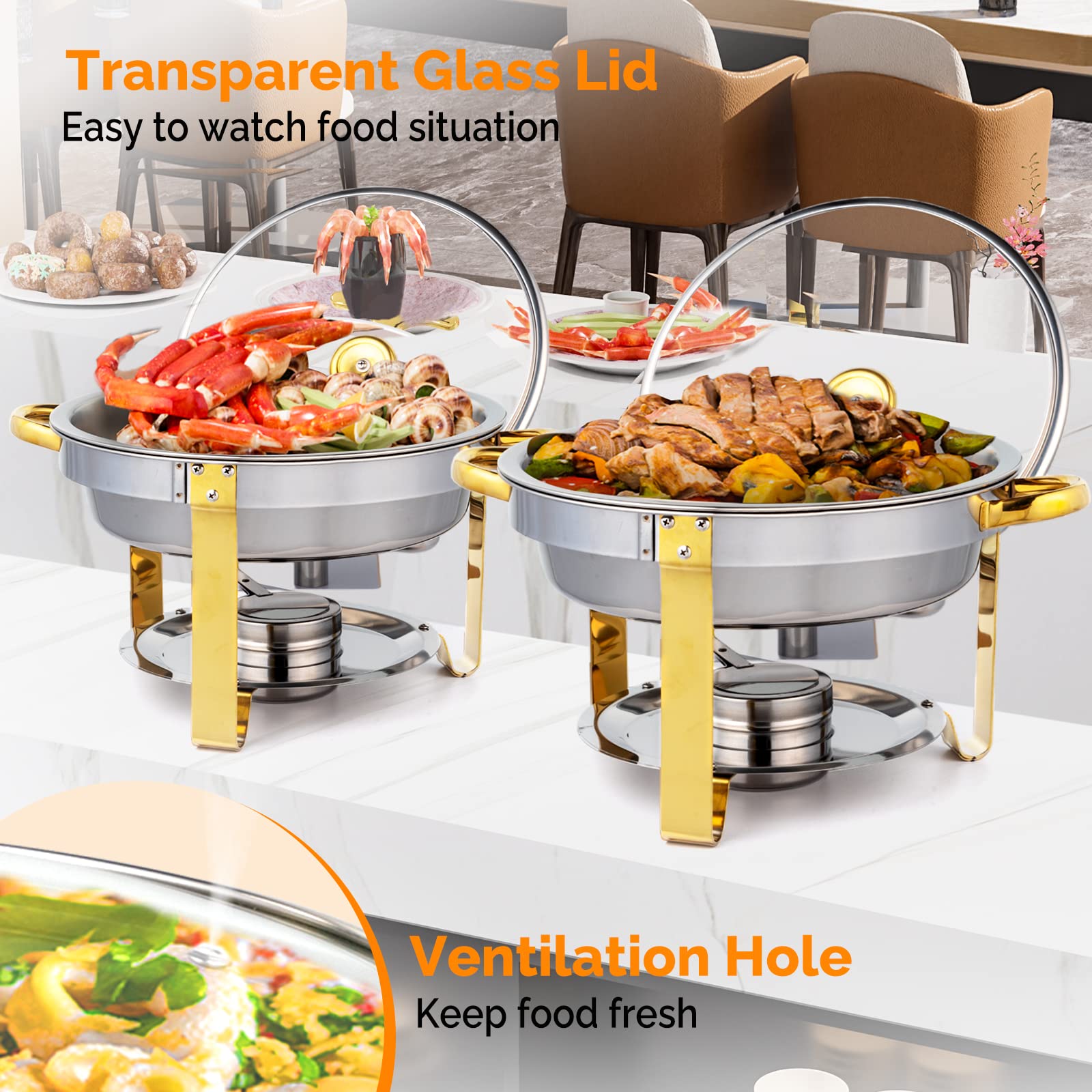 ROVSUN 5 QT Round Chafing Dish Buffet Set with Glass Lid & Lid Holder Gold