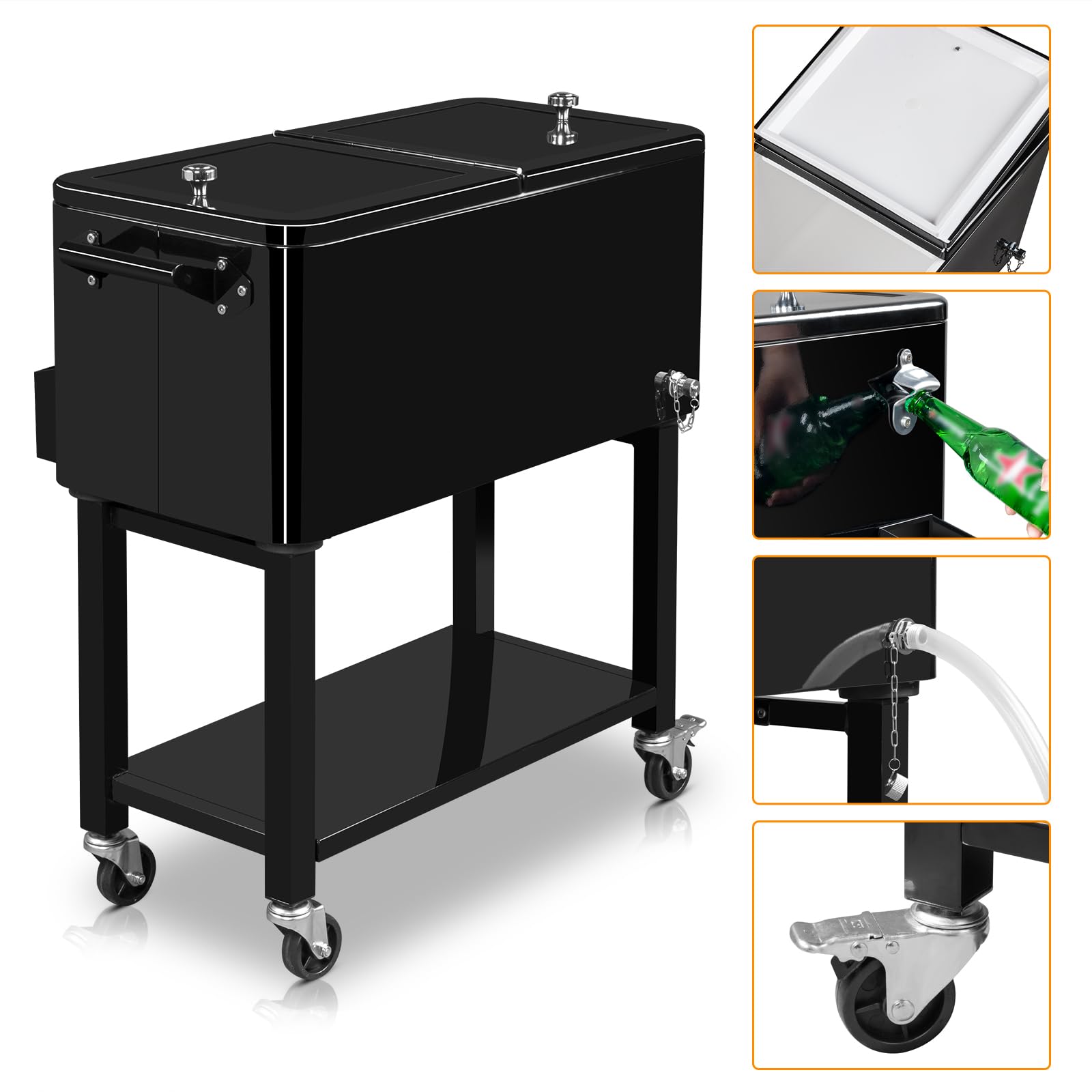 80 Quart Portable Patio Rooling Cooler Cart Detachable Black