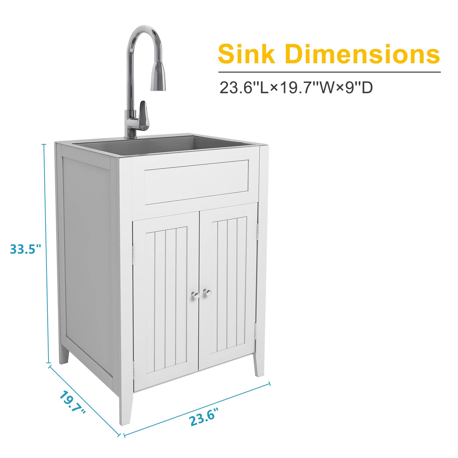 ROVSUN 24 Inch Kitchen Utility Sink with Cabinet for Laundry Room White