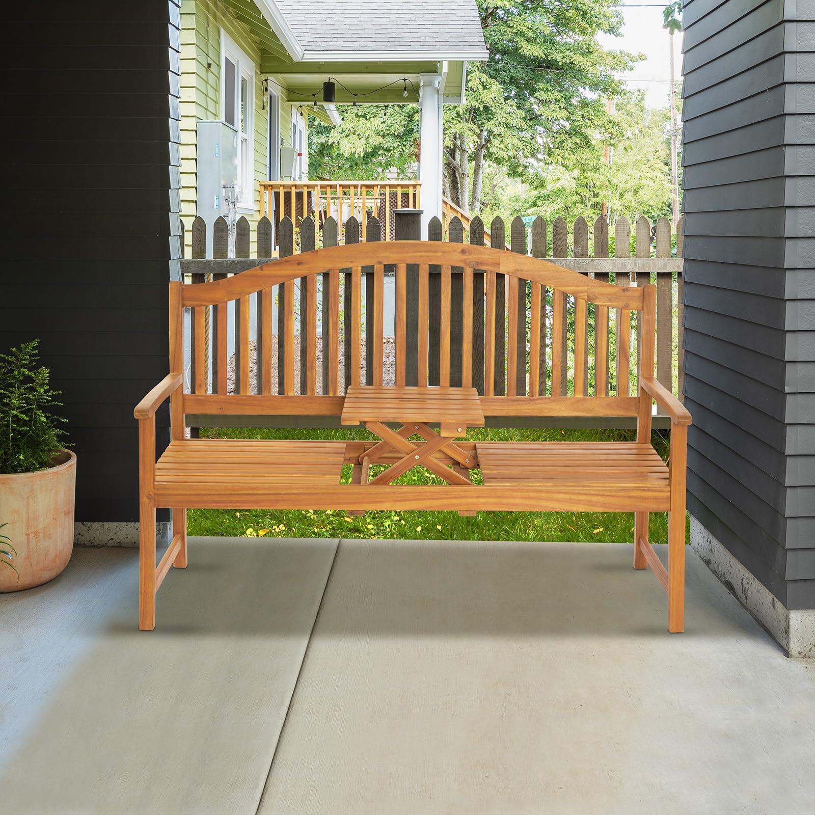 59" Outdoor Bench Wood with Built in Table