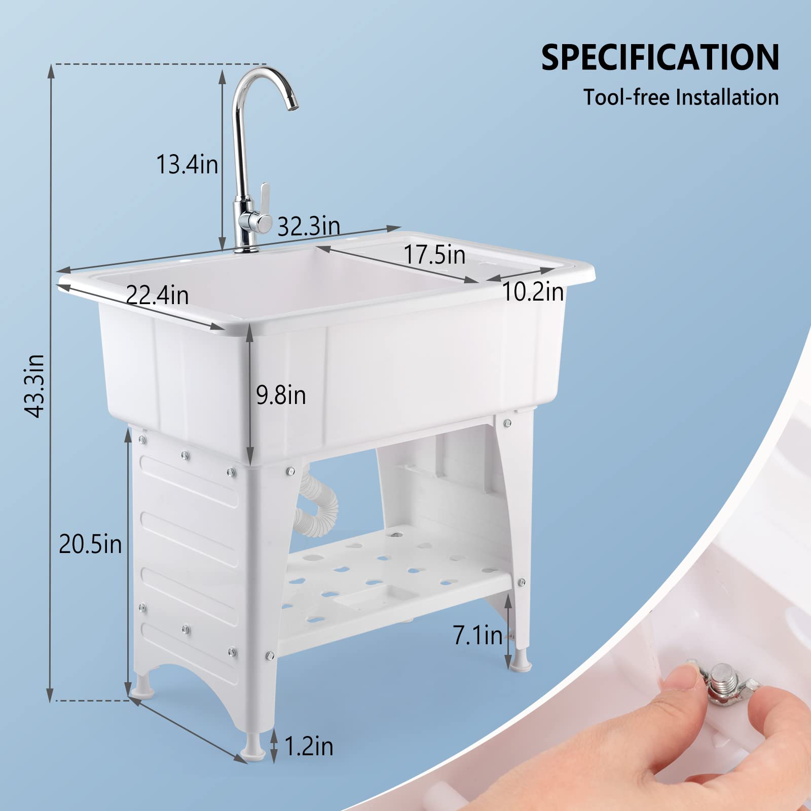 ROVSUN 32" Utility Sink Laundry Tub with Faucet & Shelf & Drainboard White