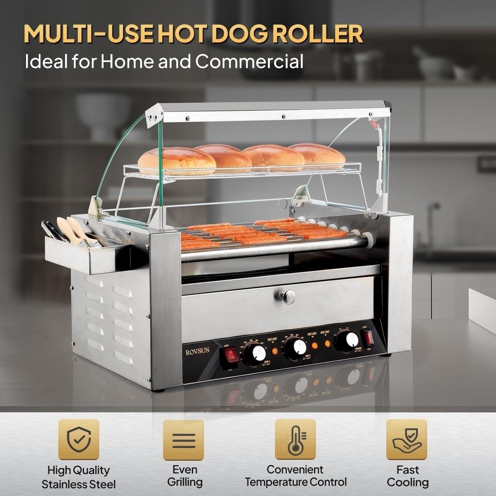 ROVSUN 7 Rollers 1,200W 110V 18 Hot Dog Roller Grill with Cover & Bun Warmer