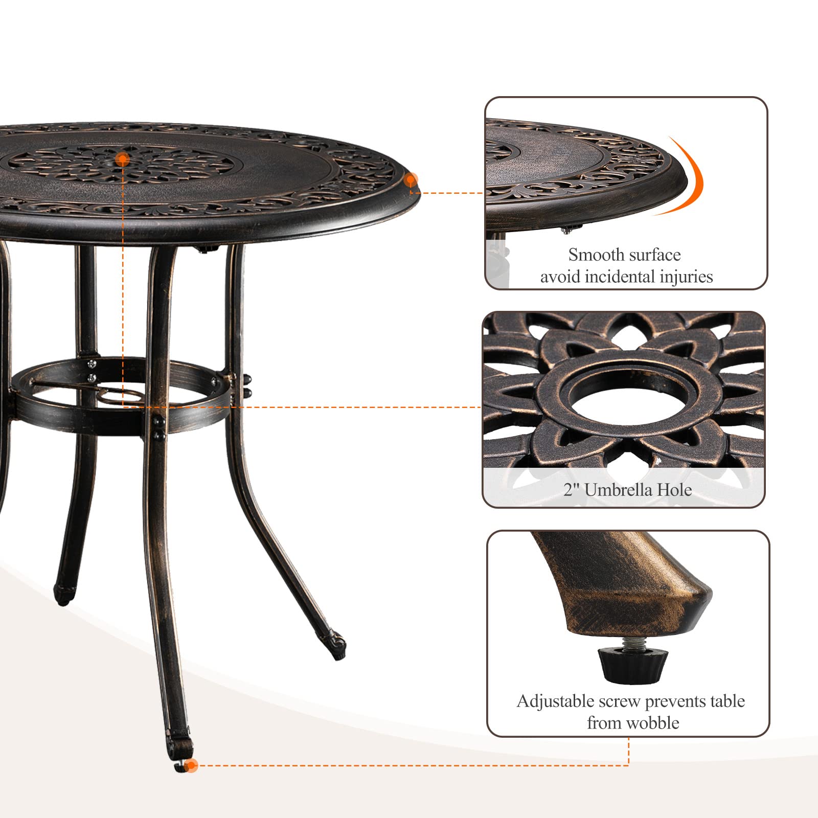 32 Inch Round Outdoor Dining Table with Umbrella Hole Bronze