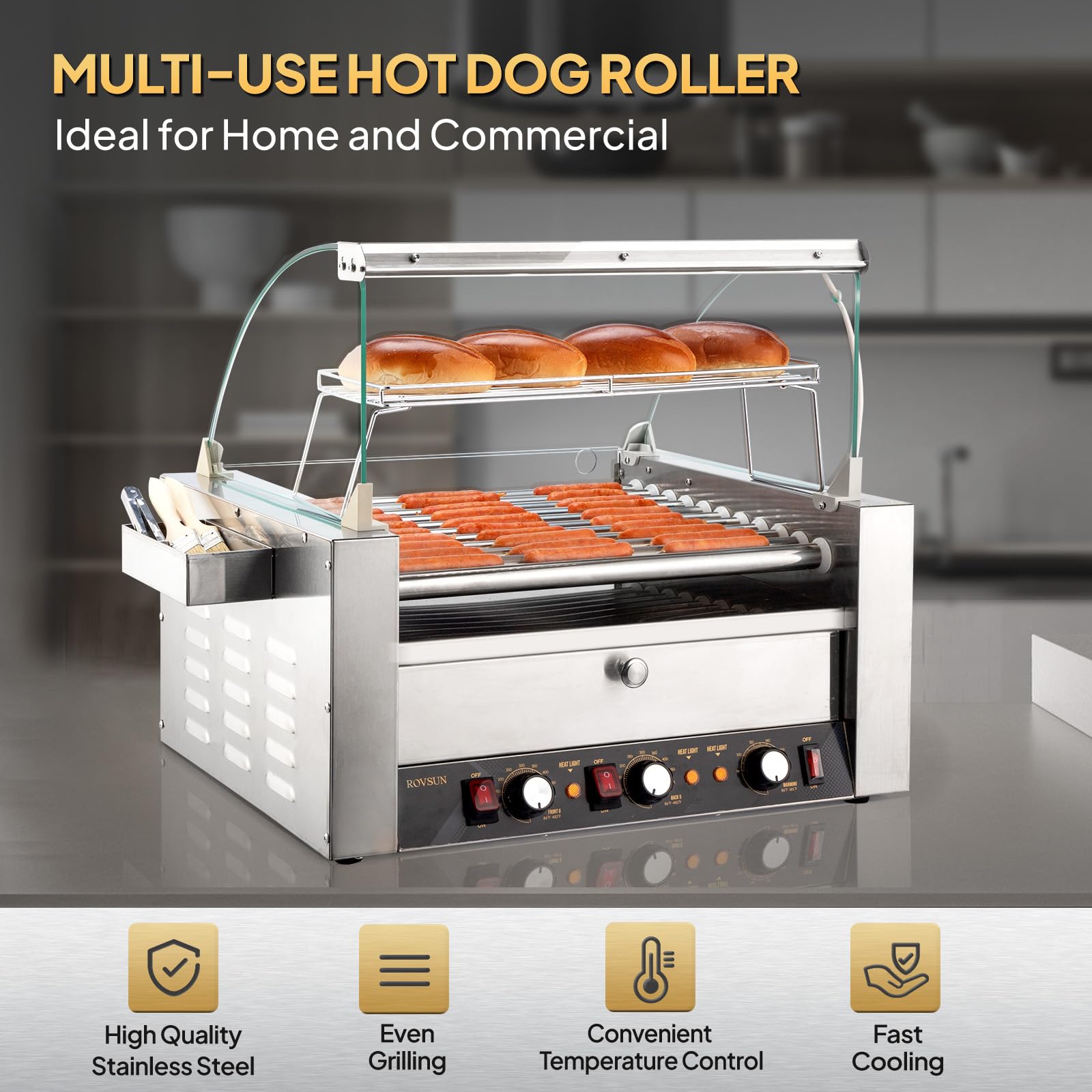 ROVSUN 11 Rollers 2000W 30 Hot Dog Roller Grill with Cover & Bun Warmer