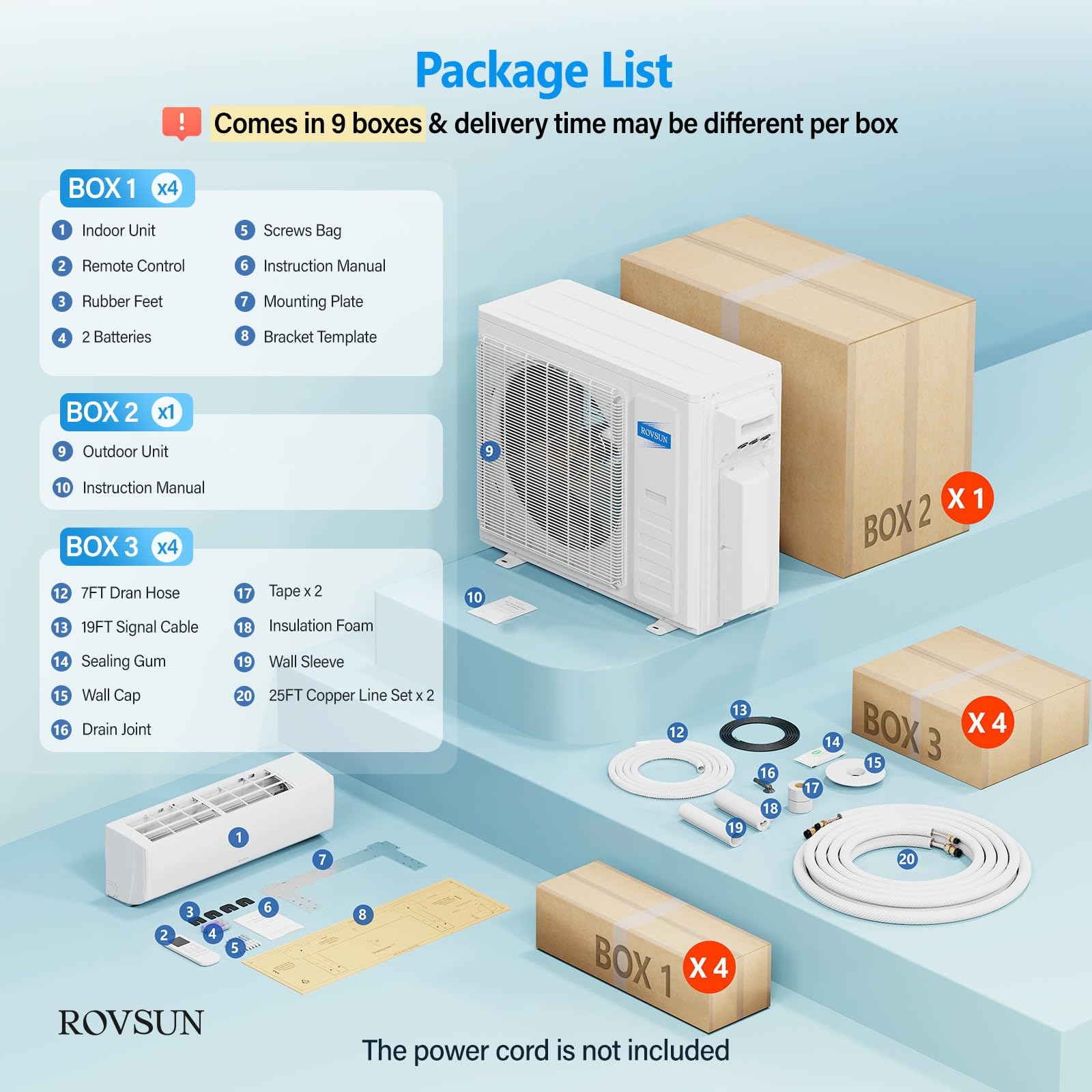 ROVSUN 4 Zone 9,000 + 9,000 + 12,000 + 18,000 / 35,000 BTU Wifi Mini Split Air Conditioner Ductless 19 SEER2 230V with Heat Pump & 25Ft Install Kit