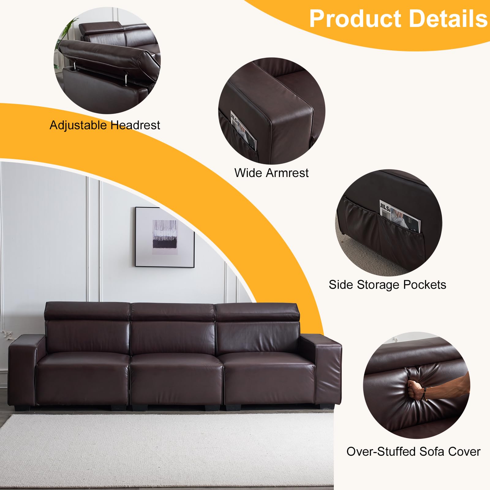 115 Inch 3 Seater Waiting Sofa with Adjustable Headrest PU Leather Brown