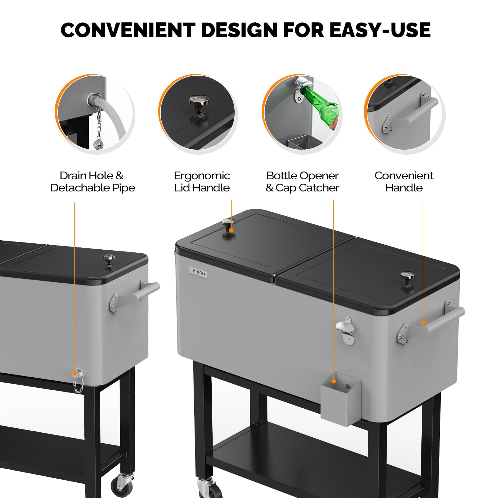 60 Quart Portable Patio Rooling Cooler Cart Detachable Grey