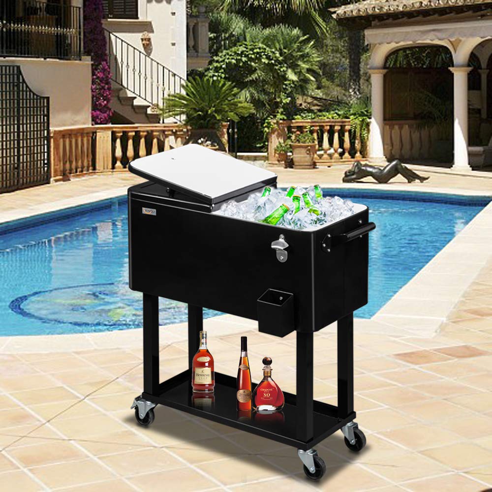 80 Quart Portable Outdoor Patio Rooling Cooler Cart Black