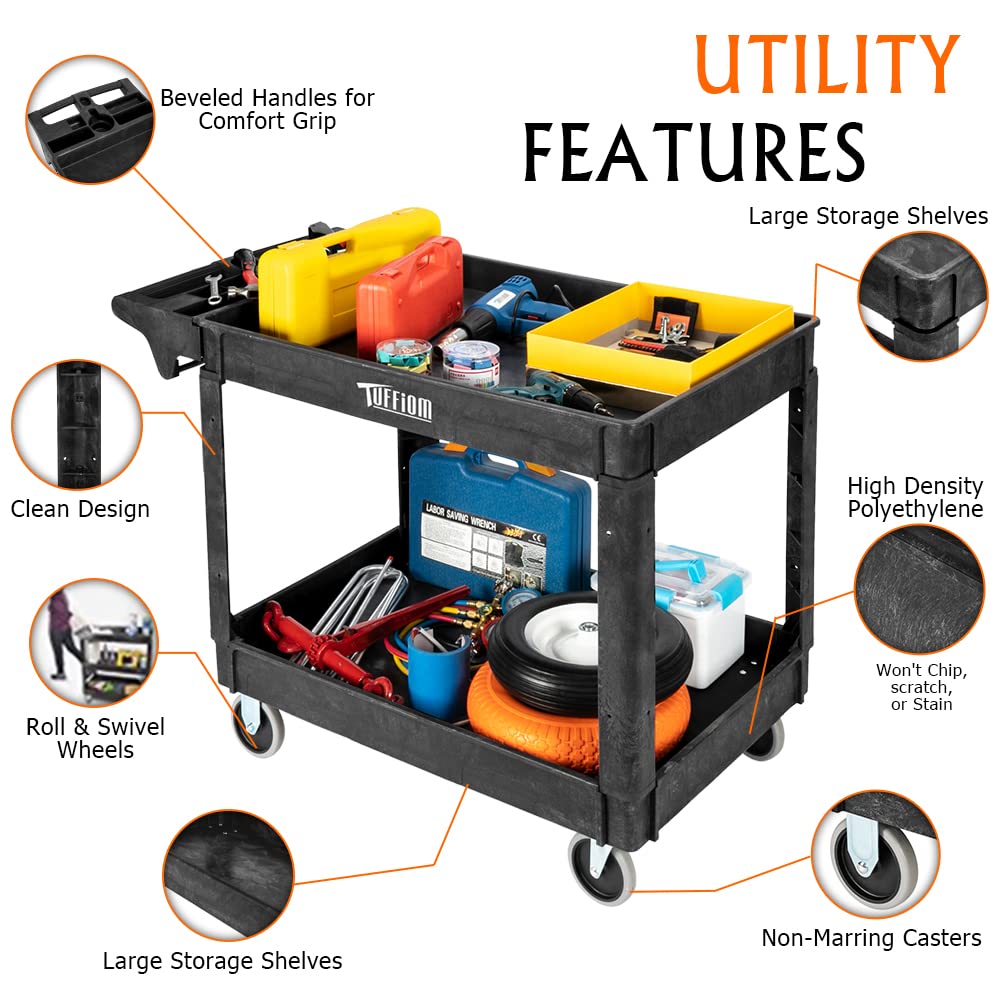 2-Tier Large 550lbs Capacity Shelf Plastic Utility Cart with Wheels Black