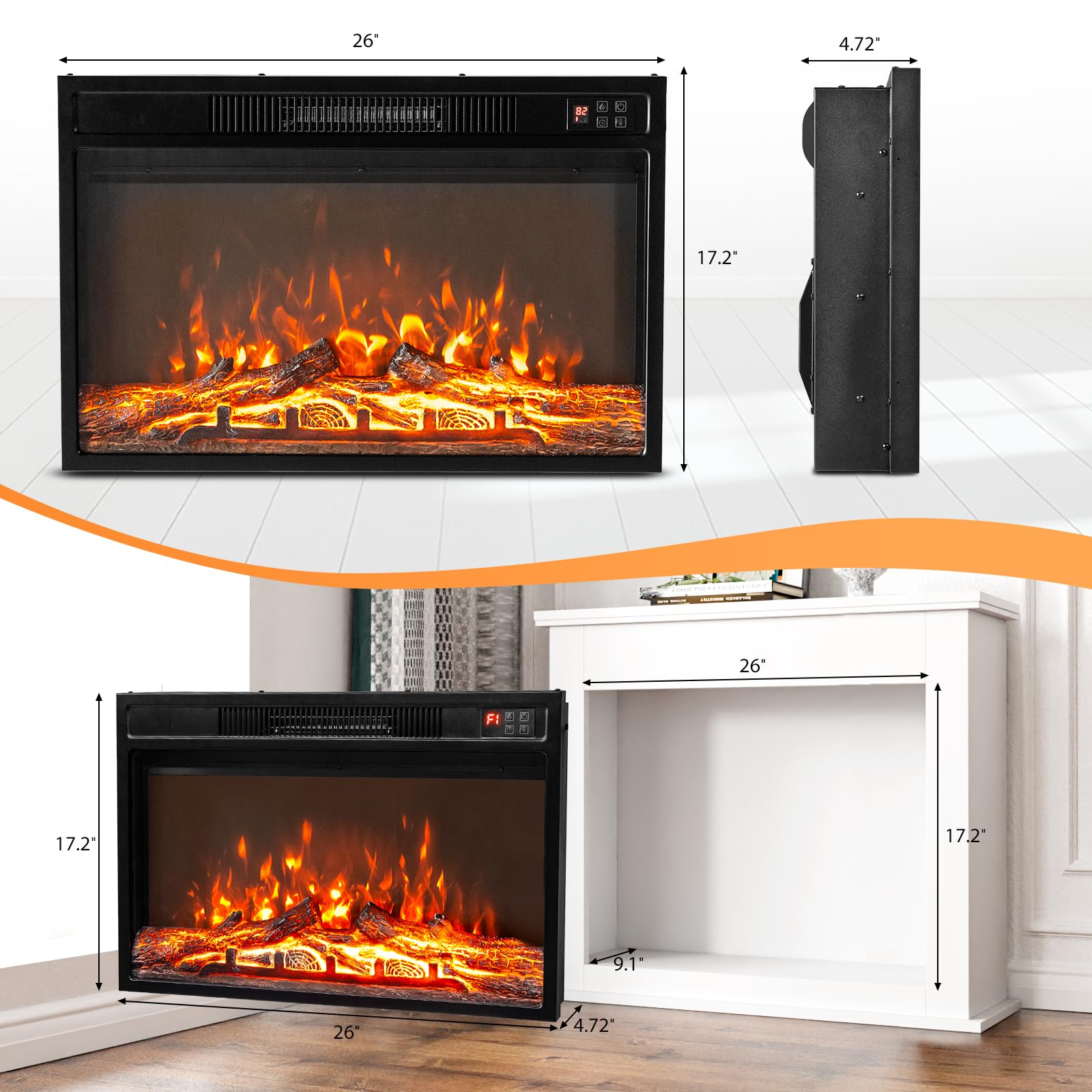 ROVSUN 26'' W 1500W 120V Electric Fireplace Inserts with APP & Remote