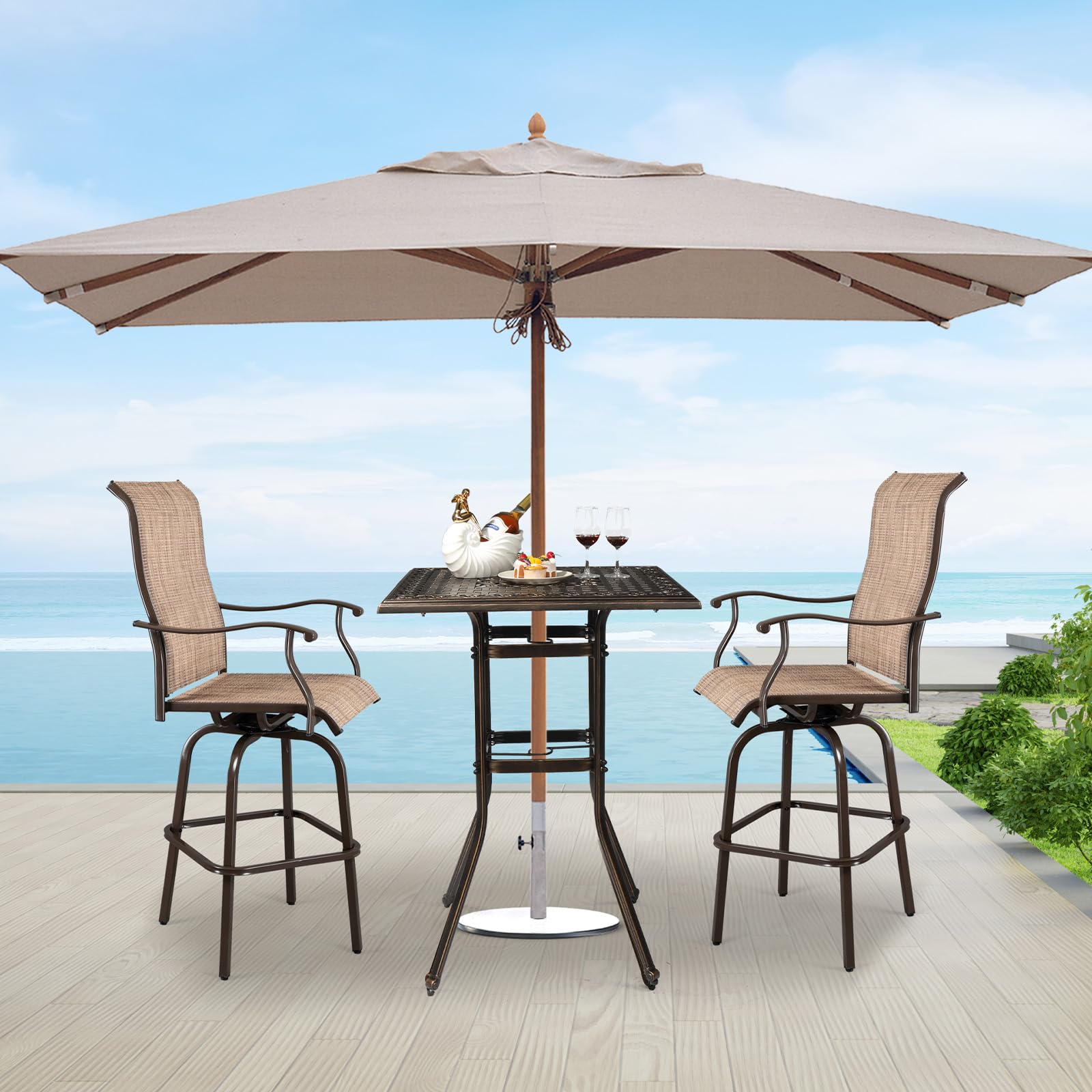 32 Inch Square Outdoor Bar Table with Umbrella Hole Bronze