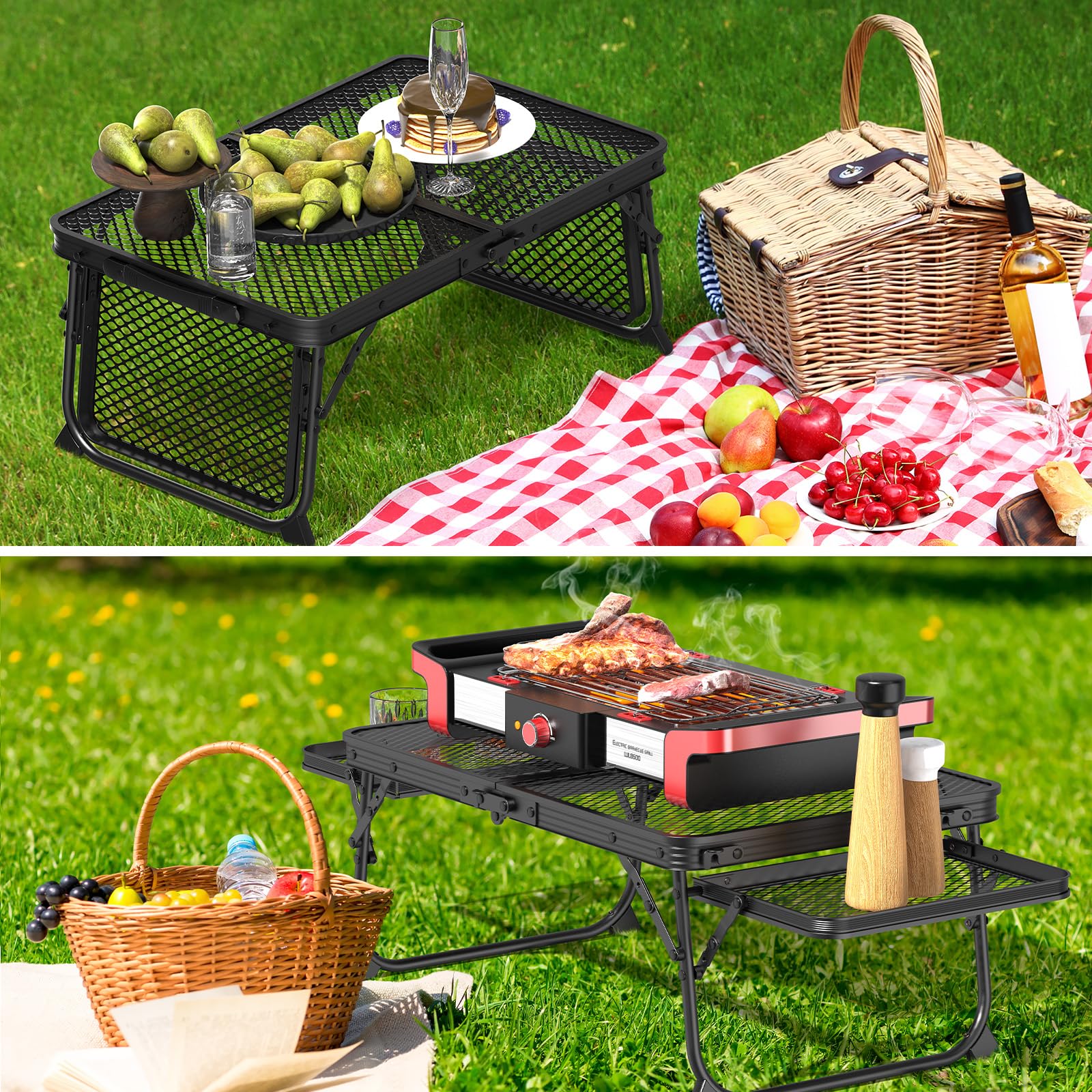 3 FT Portable Picnic Table with Wing Panels & Mesh Tabletop