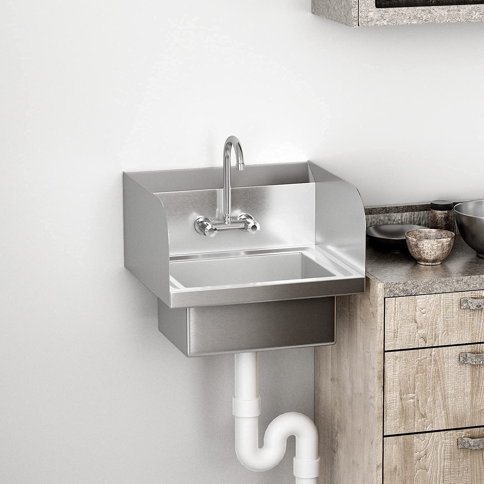 ROVSUN Wall Mount Stainless Steel Hand Wash Sink with Faucet & Sidesplashes