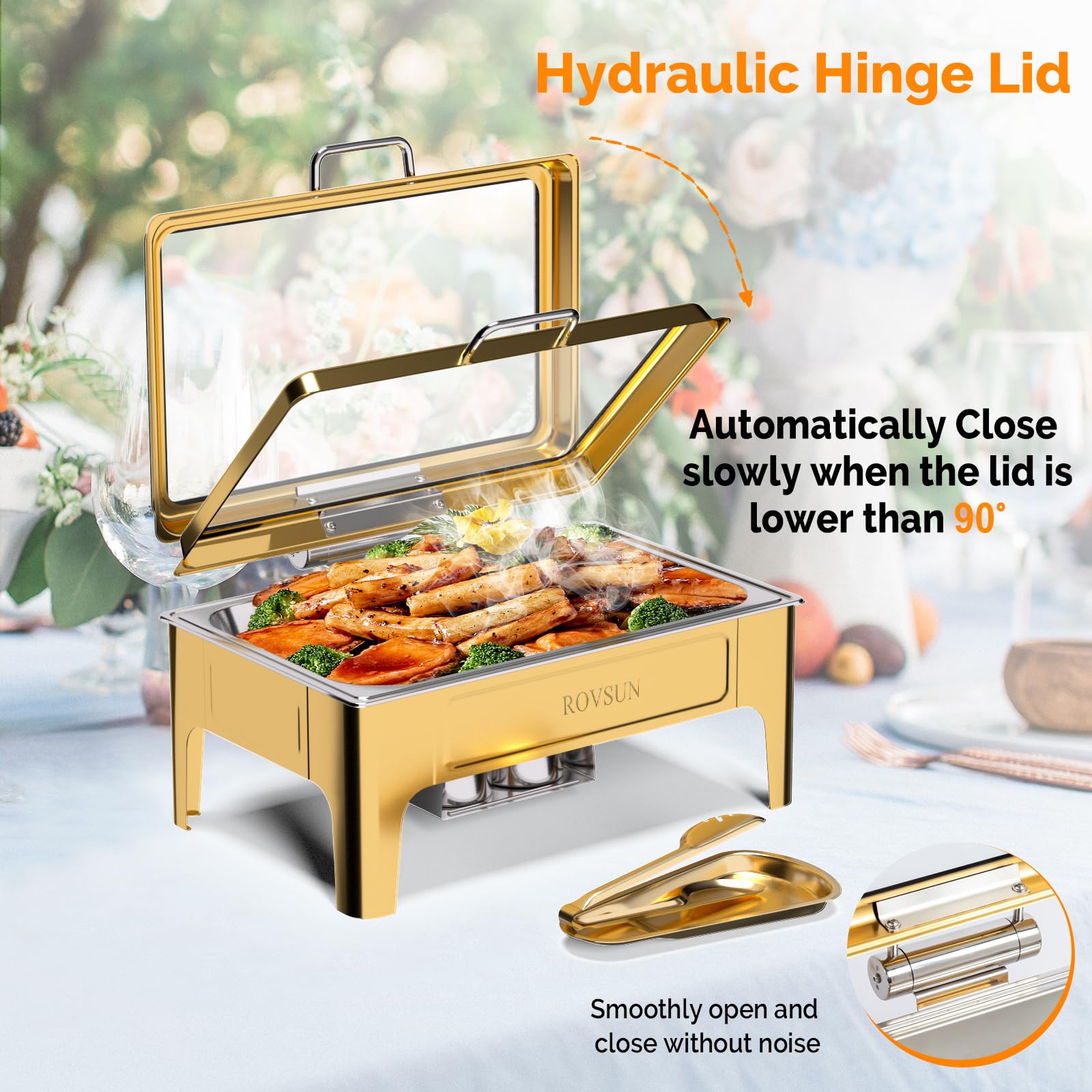 ROVSUN 9 QT Gold Rectangular Chafing Dishes with Glass Lid & Serving Tong