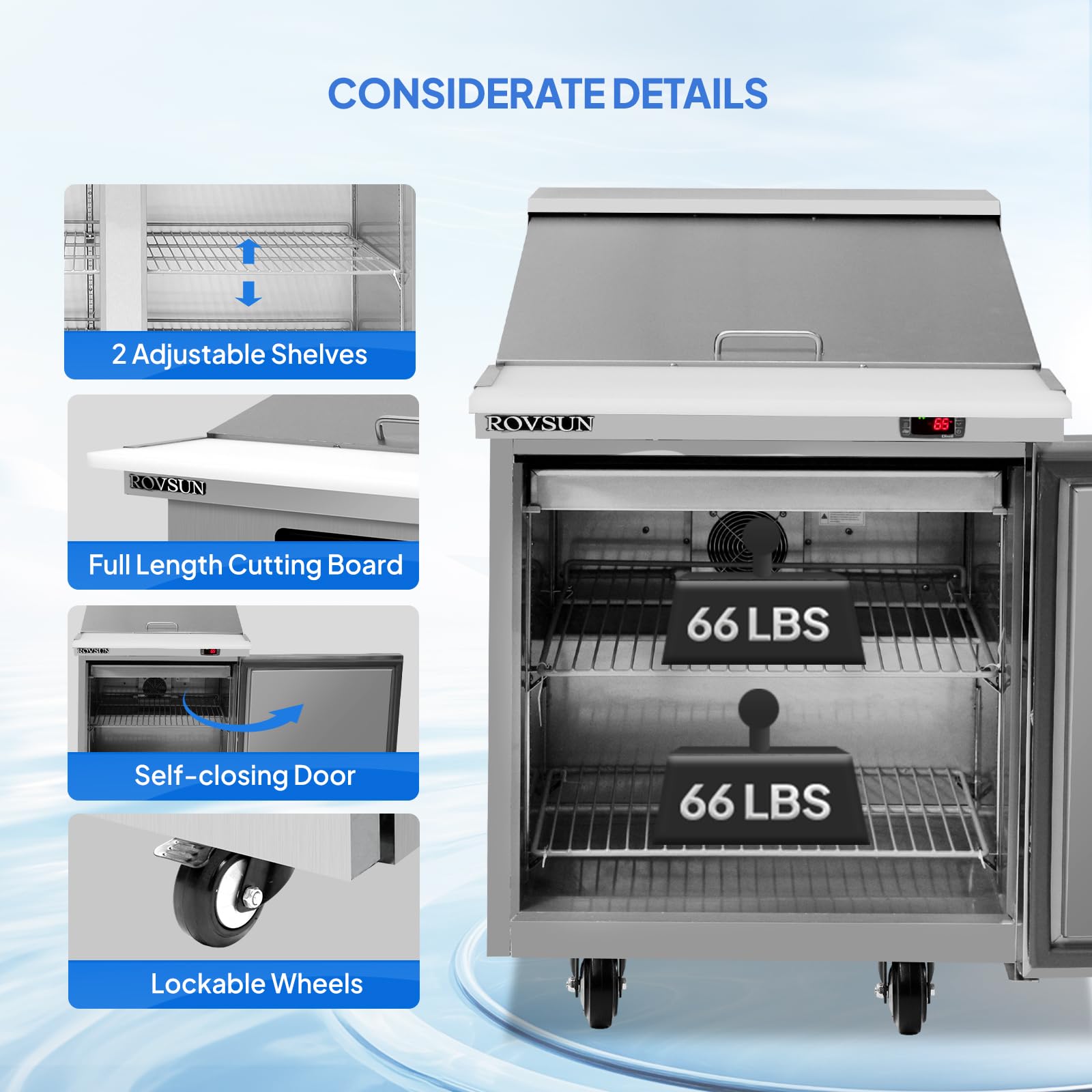 ROVSUN 28" W 7.1 Cu.Ft 320W 115V Silver Refrigerated Salad Sandwich Prep Table