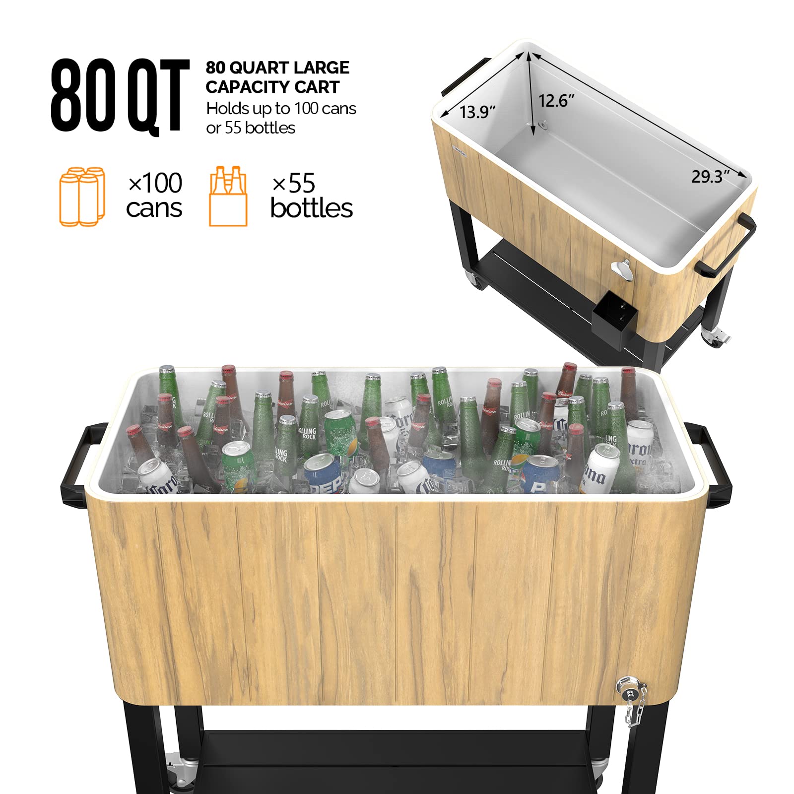 80 Quart Portable Outdoor Patio Rooling Cooler Cart Light Oak