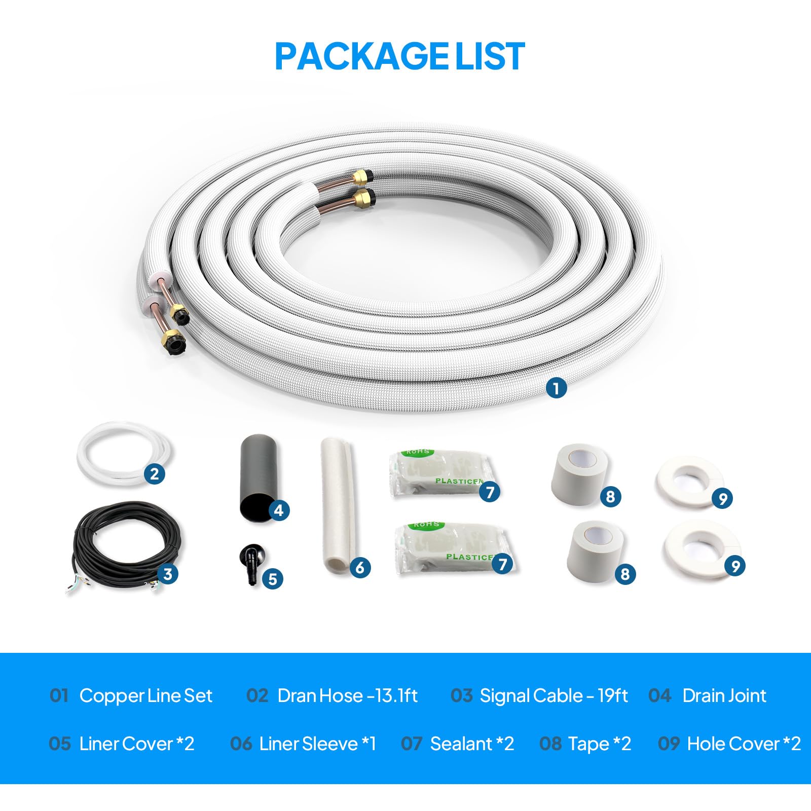 ROVSUN 50 Ft 1/4" & 3/8" O.D. Flared Copper Tubing Pipes and 3/8" Thickened PE Insulated Coil with Nuts & Kit