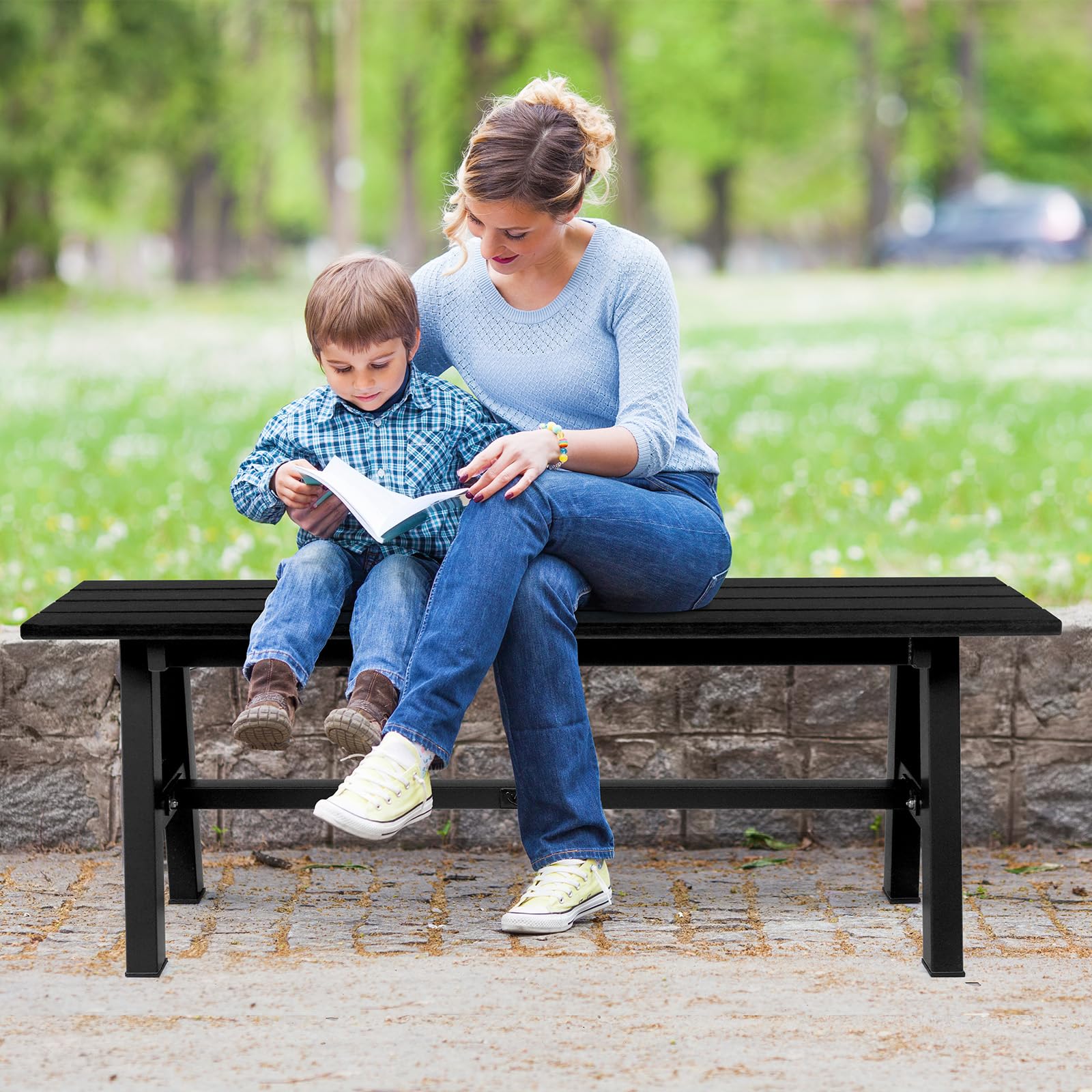 47 Inch HDPE Outdoor Bench with Metal Legs Black