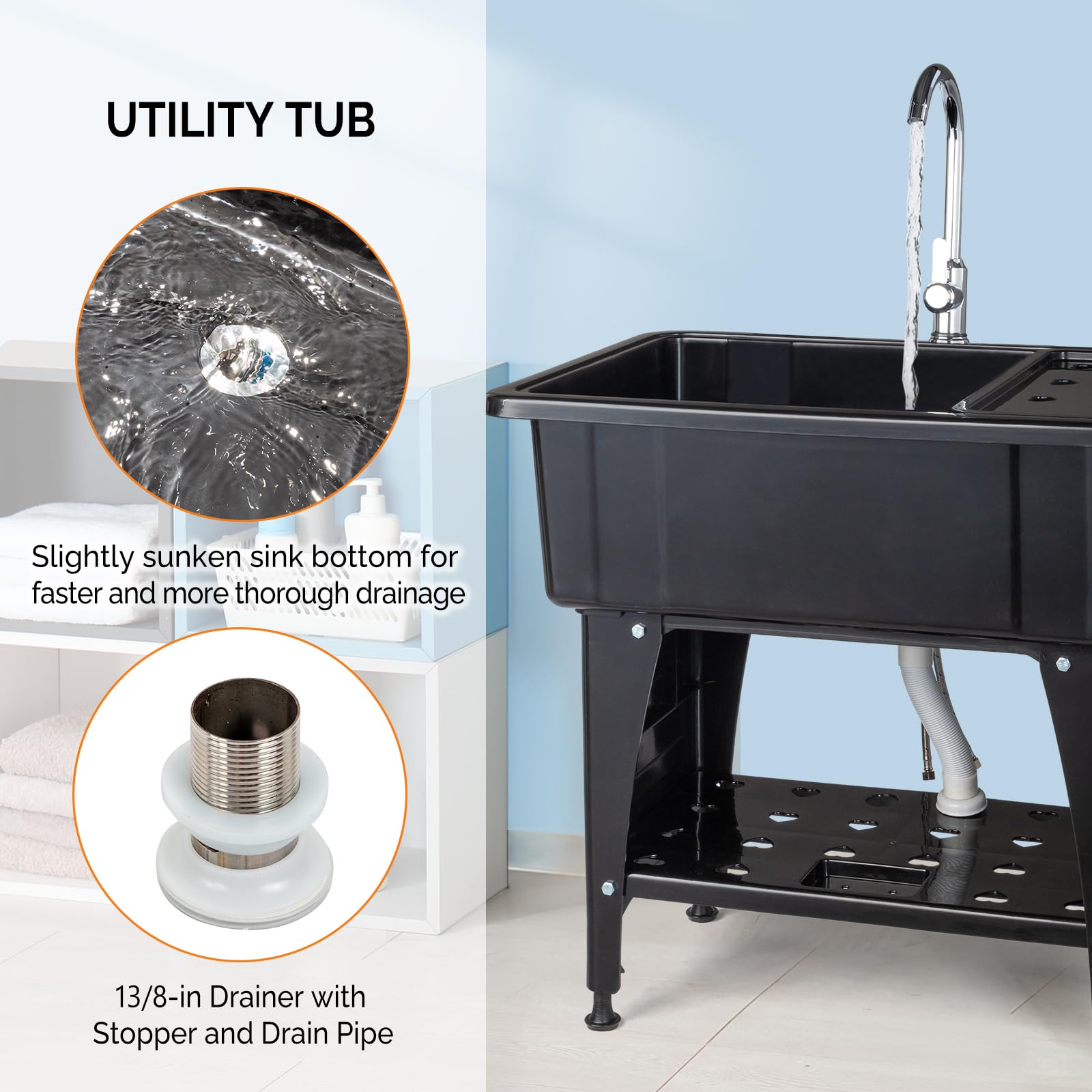 ROVSUN 32" Utility Sink Laundry Tub with Faucet & Shelf & Drainboard Black