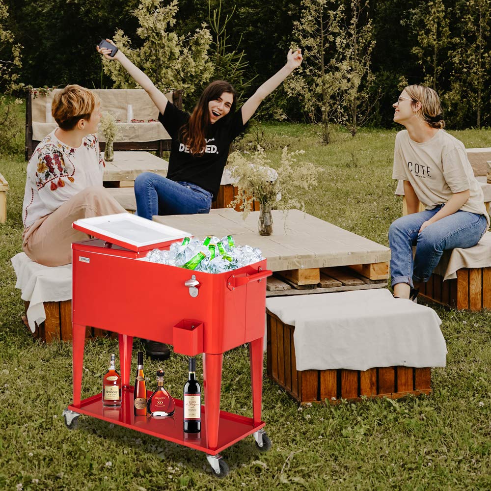 80 Quart Portable Outdoor Patio Rooling Cooler Cart Red