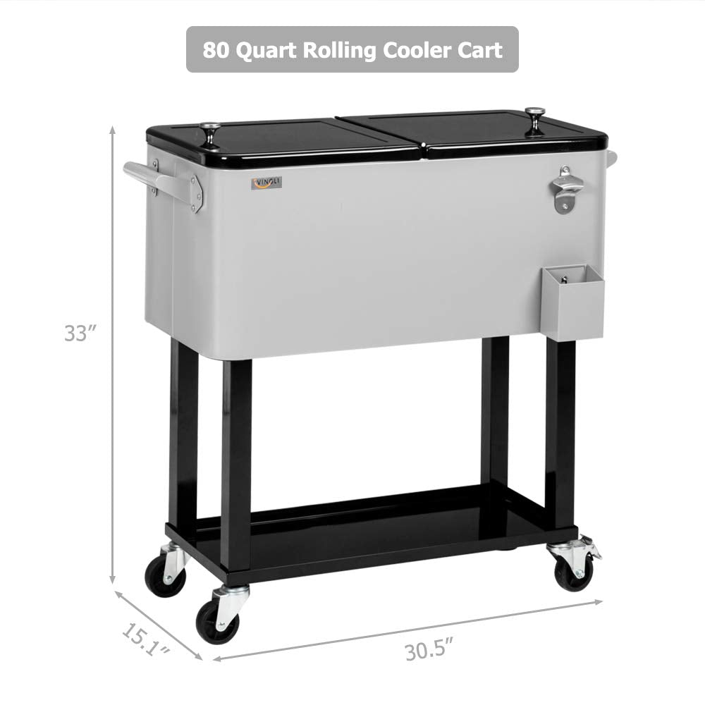 80 Quart Portable Outdoor Patio Rooling Cooler Cart Grey