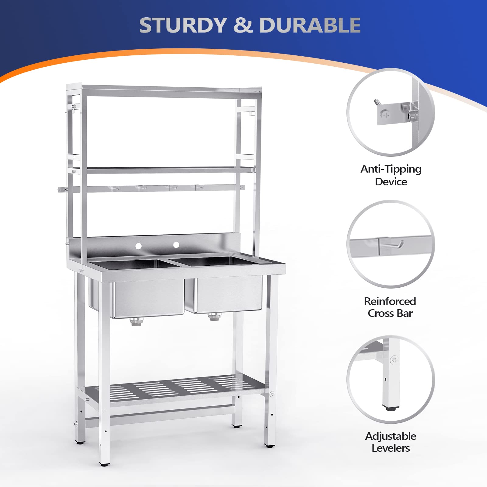 ROVSUN 36" 2 Compartment Stainless Steel Sink with Shelves